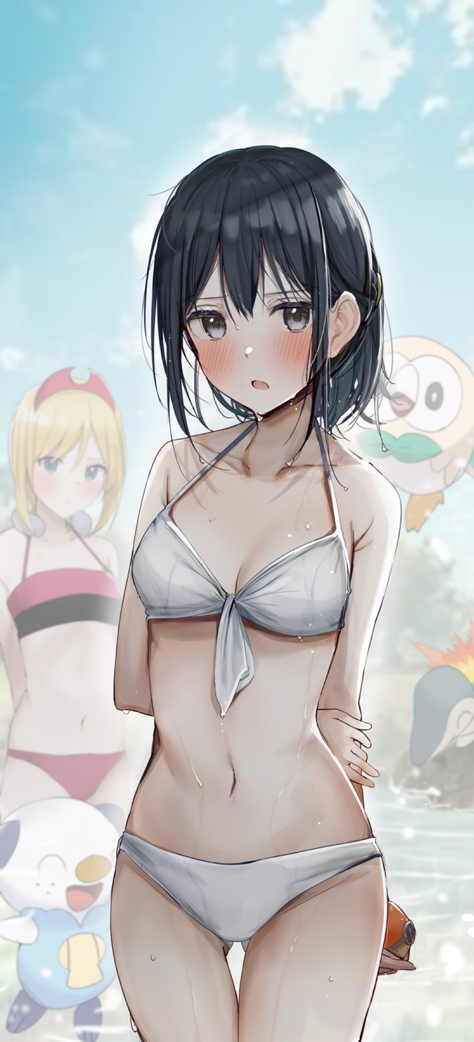 2girls akari_(pokemon) alternate_costume alternate_hairstyle arms_behind_back bangs bikini black_eyes black_hair blonde_hair blue_eyes blue_sky blush breasts closed_mouth clouds collarbone commentary_request day hair_between_eyes hairband highres holding holding_poke_ball irida_(pokemon) long_hair looking_at_viewer multiple_girls navel open_mouth oshawott outdoors poke_ball poke_ball_(legends) pokemon pokemon_(creature) pokemon_(game) pokemon_legends:_arceus pov red_bikini red_hairband red_swimsuit rouka_(akatyann) rowlet short_hair sky small_breasts solo_focus swimsuit torchic water wet white_bikini white_swimsuit