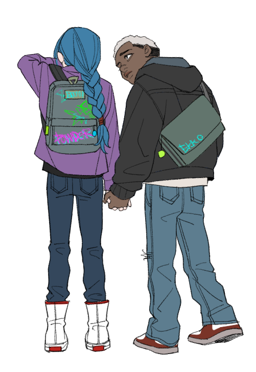 1boy 1girl alternate_costume arcane:_league_of_legends backpack bag bangs braid crying dark-skinned_male dark_skin ekko_(league_of_legends) from_behind full_body holding_hands hood hood_down hoodie jinx_(league_of_legends) league_of_legends long_braid long_sleeves looking_at_another mush820823 pants powder_(arcane) red_footwear shoes simple_background single_braid white_background white_footwear younger