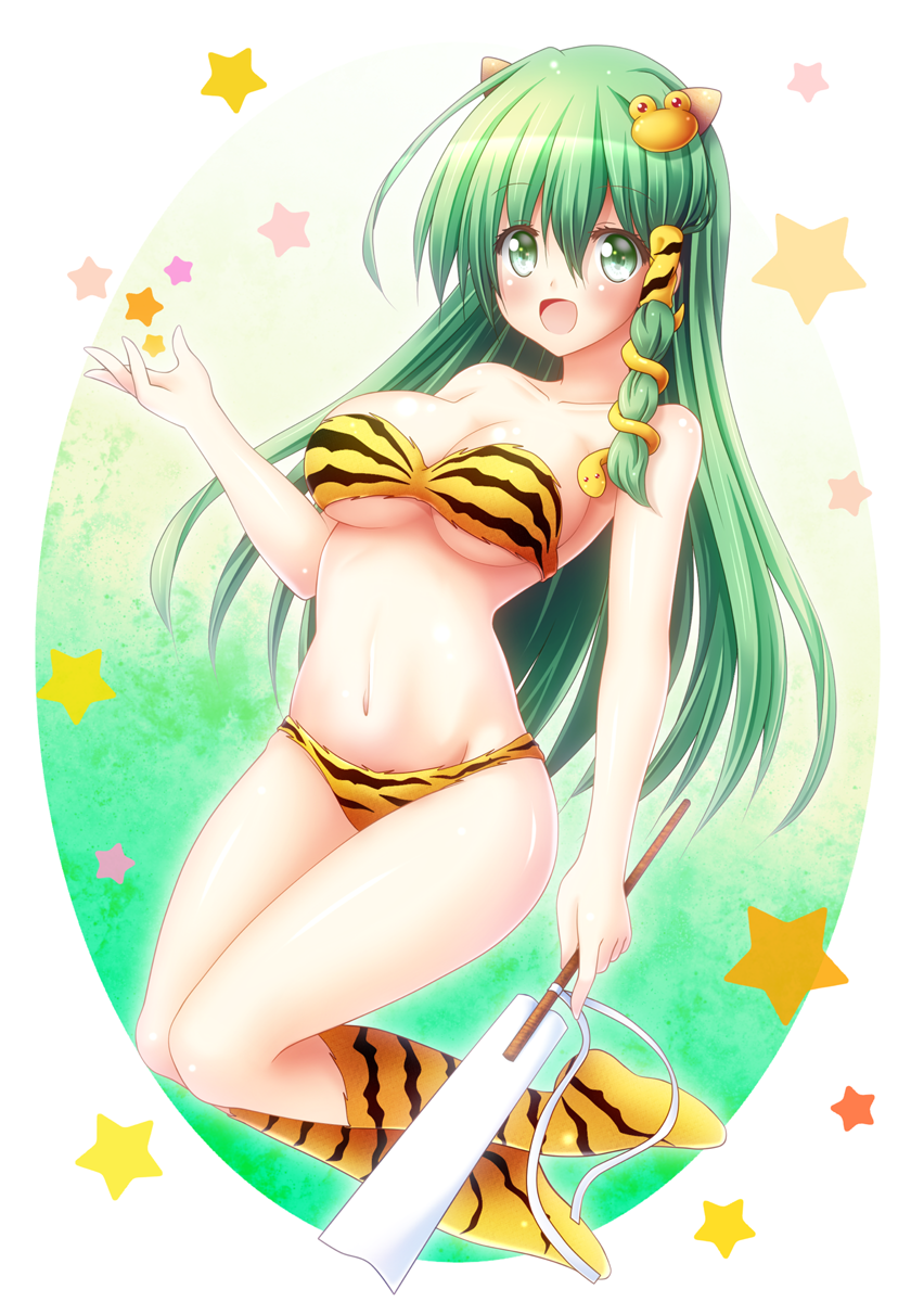 1girl :d animal_print bangs bare_arms bare_shoulders breasts collarbone commentary_request frog_hair_ornament full_body gohei green_eyes green_hair groin hair_between_eyes hair_ornament highres horns kneehighs kochiya_sanae large_breasts long_hair looking_at_viewer navel open_mouth osashin_(osada) print_legwear smile snake_hair_ornament solo star_(symbol) stomach tiger_print touhou very_long_hair
