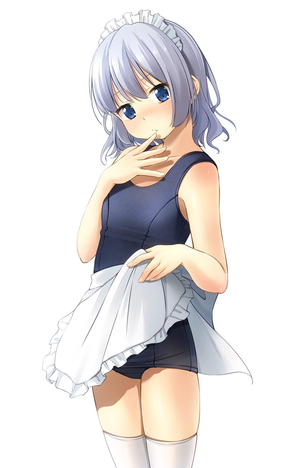 1girl apron bangs bare_arms bare_shoulders black_swimsuit blue_eyes blush closed_mouth collarbone commentary_request eyebrows_visible_through_hair frilled_apron frills grey_hair hand_up head_tilt highres maid_headdress old_school_swimsuit one-piece_swimsuit original school_swimsuit shibacha simple_background solo swimsuit thigh-highs waist_apron white_apron white_background white_legwear