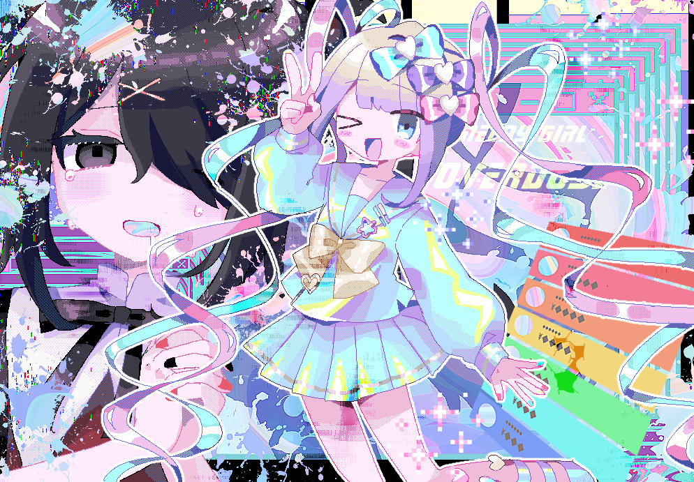 1ji999 2girls ame-chan_(needy_girl_overdose) black_hair black_nails black_ribbon blue_bow blue_eyes blue_hair blue_nails blush bow chouzetsusaikawa_tenshi-chan drill_hair eyebrows_visible_through_hair grey_eyes hair_bow heart holographic_clothing internet large_bow livestream long_sleeves looking_at_viewer multicolored_hair multicolored_nails multiple_girls nail_polish needy_girl_overdose one_eye_closed one_eye_covered own_hands_together paint paint_splatter pink_bow pink_hair pink_nails purple_bow red_nails ribbon saliva short_hair short_sleeves skirt super_chat tearing_up tears thighs twin_drills twintails v white_hair