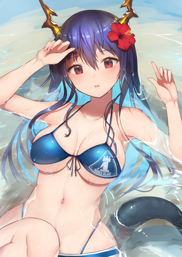 1girl arknights bangs bare_arms bare_shoulders bikini blue_bikini blue_hair breasts ch'en_(arknights) ch'en_the_holungday_(arknights) commentary_request dragon_horns dragon_tail eyebrows_visible_through_hair flower front-tie_bikini front-tie_top hair_between_eyes hair_flower hair_ornament hands_up horns large_breasts long_hair looking_at_viewer navel parted_lips red_eyes red_flower solo stomach swimsuit tail yuzuruka_(bougainvillea)