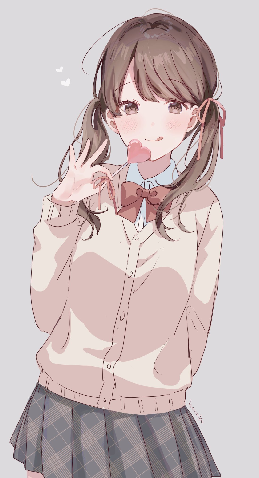 1girl bangs beige_cardigan blush bow bowtie brown_eyes brown_hair candy cardigan closed_mouth collared_shirt dress_shirt food grey_background grey_skirt hair_ribbon hanako151 hand_up highres holding holding_candy holding_food holding_lollipop licking_lips lollipop long_hair long_sleeves looking_at_viewer original pink_ribbon plaid plaid_skirt pleated_skirt red_bow red_bowtie ribbon school_uniform shirt side_ponytail simple_background skirt smile solo tongue tongue_out twintails white_shirt