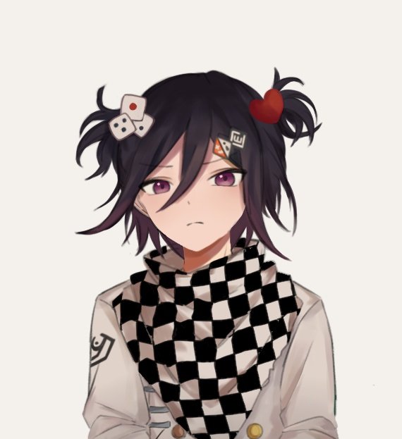 1boy bangs black_scarf butter_(butter38700739) buttons checkered_clothes checkered_scarf danganronpa_(series) danganronpa_v3:_killing_harmony dice dice_hair_ornament eyebrows_visible_through_hair frown grey_jacket hair_between_eyes hair_ornament heart heart_hair_ornament jacket long_sleeves male_focus ouma_kokichi scarf short_hair short_twintails simple_background solo twintails upper_body violet_eyes white_background white_scarf