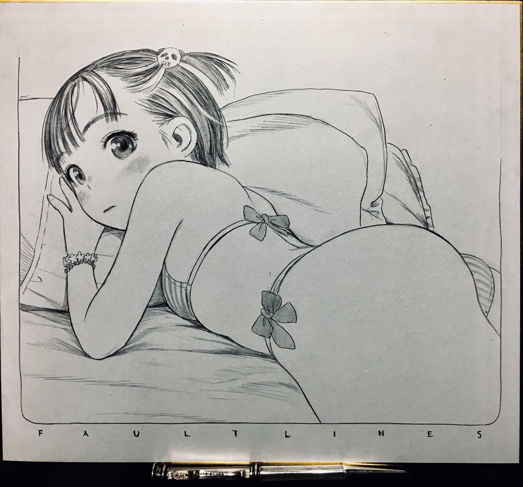 1girl ass bangs bed bikini blush border bow bow_bikini bra bracelet breasts english_text graphite_(medium) greyscale hair_ornament indoors jewelry looking_at_viewer looking_back lying mechanical_pencil monochrome murata_range on_bed on_stomach one_side_up original panties pencil photo_(medium) pillow shikishi short_hair skull_hair_ornament small_breasts solo striped striped_bikini swimsuit traditional_media underwear