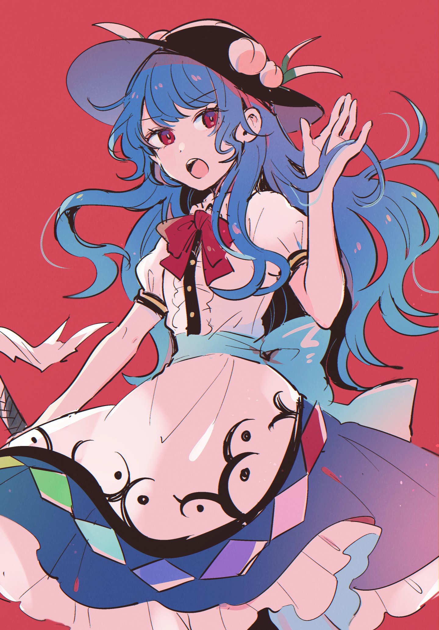 1girl :o arm_up back_bow bangs blue_hair blue_sash blush bow bowtie buttons center_frills clouds collared_shirt commentary_request feet_out_of_frame fingernails fingers food frilled_skirt frills fruit fruit_hair_ornament hair_between_eyes hat highres hinanawi_tenshi holding holding_sword holding_weapon leaf_hat_ornament lips long_hair mozukuzu_(manukedori) open_mouth peach peach_hat_ornament puffy_short_sleeves puffy_sleeves rainbow_order red_background red_bow red_bowtie red_eyes red_ribbon ribbon sash shiny shiny_hair shirt short_sleeves skirt smile solo standing sword sword_of_hisou teeth touhou upper_body upper_teeth weapon white_shirt wing_collar
