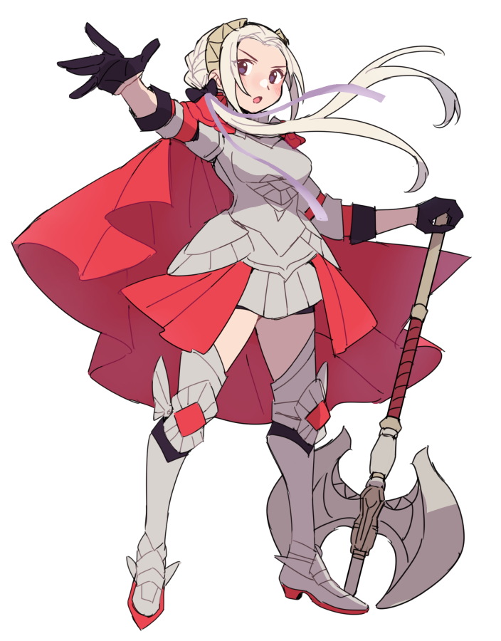 1girl axe blush breasts cape do_m_kaeru edelgard_von_hresvelg fire_emblem fire_emblem:_three_houses fire_emblem_warriors:_three_hopes full_body gloves hair_ribbon long_hair long_sleeves looking_at_viewer open_mouth red_cape ribbon simple_background skirt solo violet_eyes weapon white_background white_hair