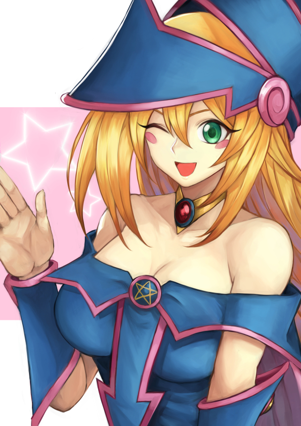 1girl ;d blonde_hair blush_stickers breasts choker commentary_request dark_magician_girl duel_monster eyelashes green_eyes hair_between_eyes hat long_hair natrium_picture one_eye_closed pentagram smile solo upper_body vambraces wizard_hat yu-gi-oh! yu-gi-oh!_duel_monsters yuu-gi-ou yuu-gi-ou_duel_monsters