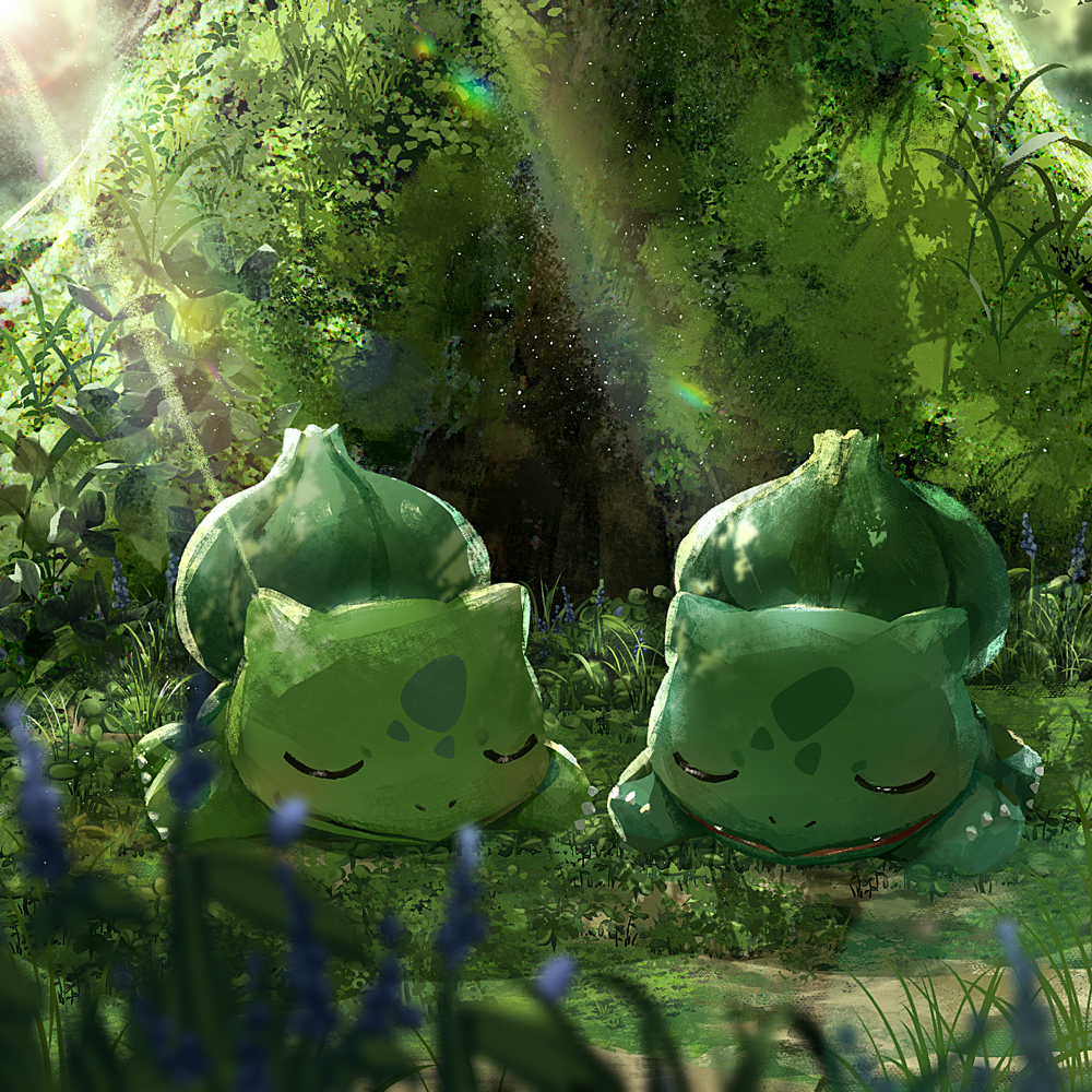 bulbasaur closed_eyes closed_mouth commentary_request day ekm grass lying no_humans on_stomach outdoors pokemon pokemon_(creature) sleeping smile tree