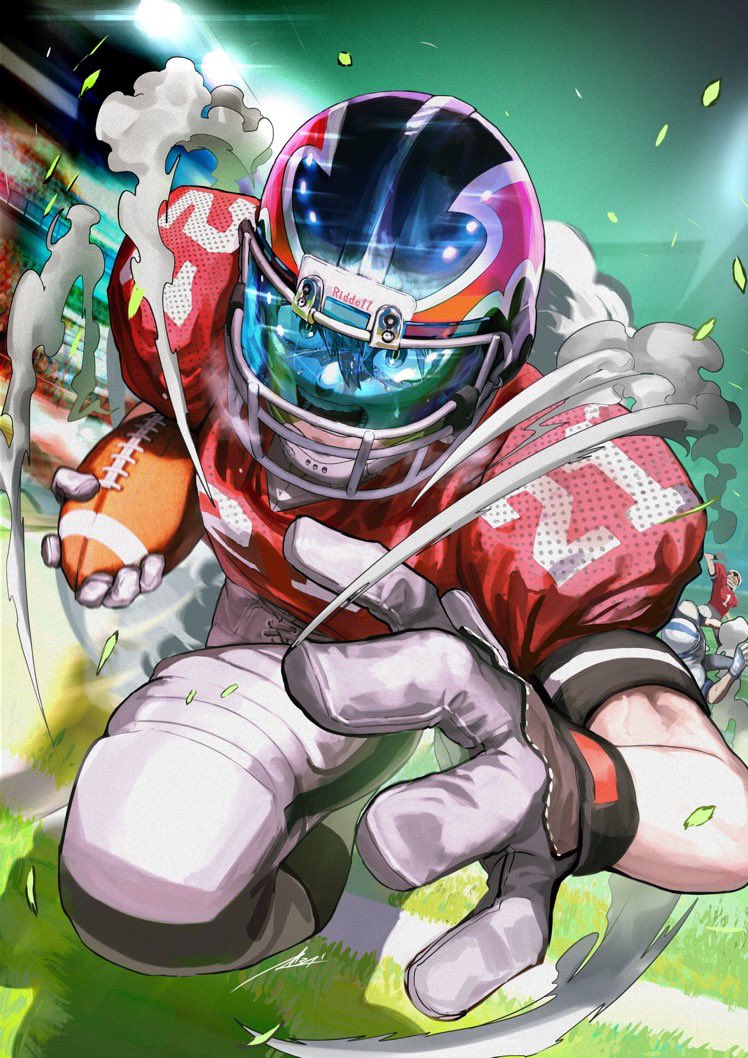 1boy american_football american_football_(object) american_football_helmet american_football_uniform ball commentary_request eyeshield_21 gloves helmet holding kobayakawa_sena looking_at_viewer male_focus open_mouth ossan_zabi_190 shoulder_pads solo sportswear white_gloves