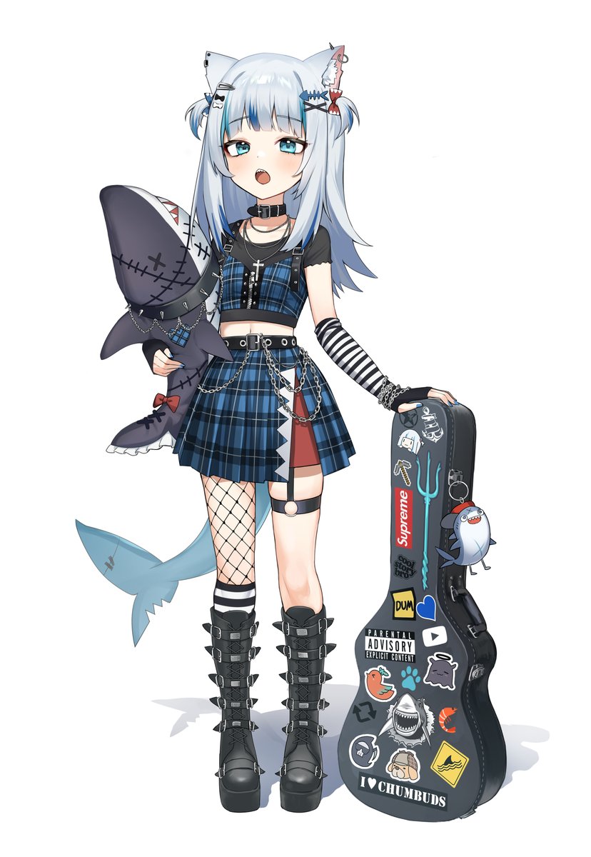 1girl animal_ears belt black_collar black_shirt blue_eyes blue_hair blue_skirt boots cat_ears chain collar fish_tail fishnets gawr_gura highres hololive hololive_english jewelry light_blue_hair light_blush mashilemo multicolored_hair nail_polish necklace open_mouth shark_tail sharp_teeth shirt simple_background skirt solo streaked_hair stuffed_animal stuffed_shark stuffed_toy supreme tail teeth virtual_youtuber white_background