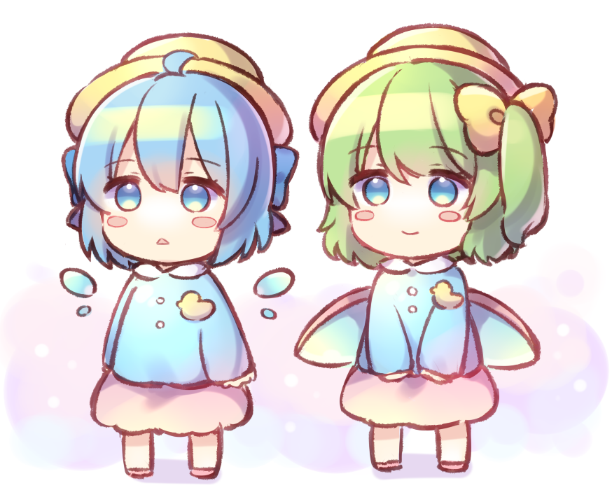 2girls blue_eyes blue_hair blush_stickers cirno closed_mouth daiyousei detached_wings eyebrows_visible_through_hair fairy fairy_wings full_body green_hair hair_between_eyes hat ice ice_wings kindergarten_uniform long_hair long_sleeves multiple_girls open_mouth pink_skirt pjrmhm_coa school_hat short_hair side_ponytail simple_background skirt smile touhou white_background wings yellow_headwear