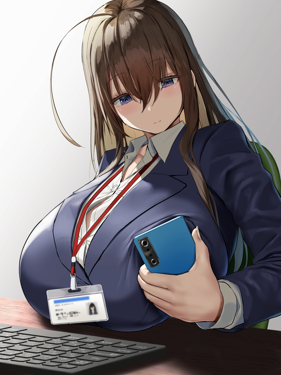1girl bangs blue_eyes blue_jacket blush breast_rest breasts breasts_on_table brown_hair cellphone closed_mouth collared_shirt commentary_request eyebrows_visible_through_hair grey_background highres jacket keyboard_(computer) large_breasts long_hair long_sleeves name_tag oekakizuki original phone shirt simple_background smartphone solo upper_body white_shirt