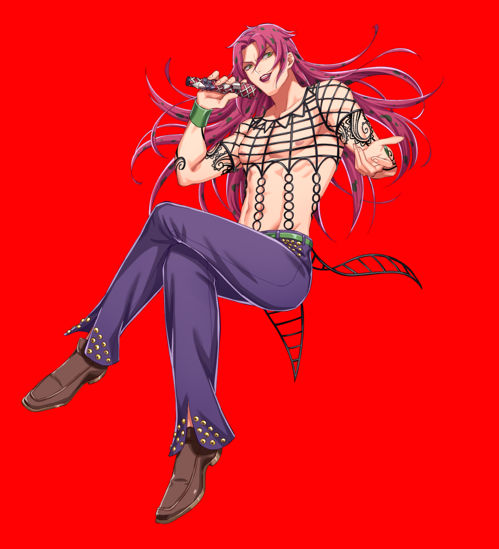 1boy abs belt brown_footwear crossed_legs diavolo full_body holding holding_microphone jojo_no_kimyou_na_bouken lipstick long_hair looking_at_viewer makeup microphone muscular muscular_male nipples open_mouth pants pink_hair purple_lips purple_pants red_background shakuyouka shoes simple_background solo vento_aureo