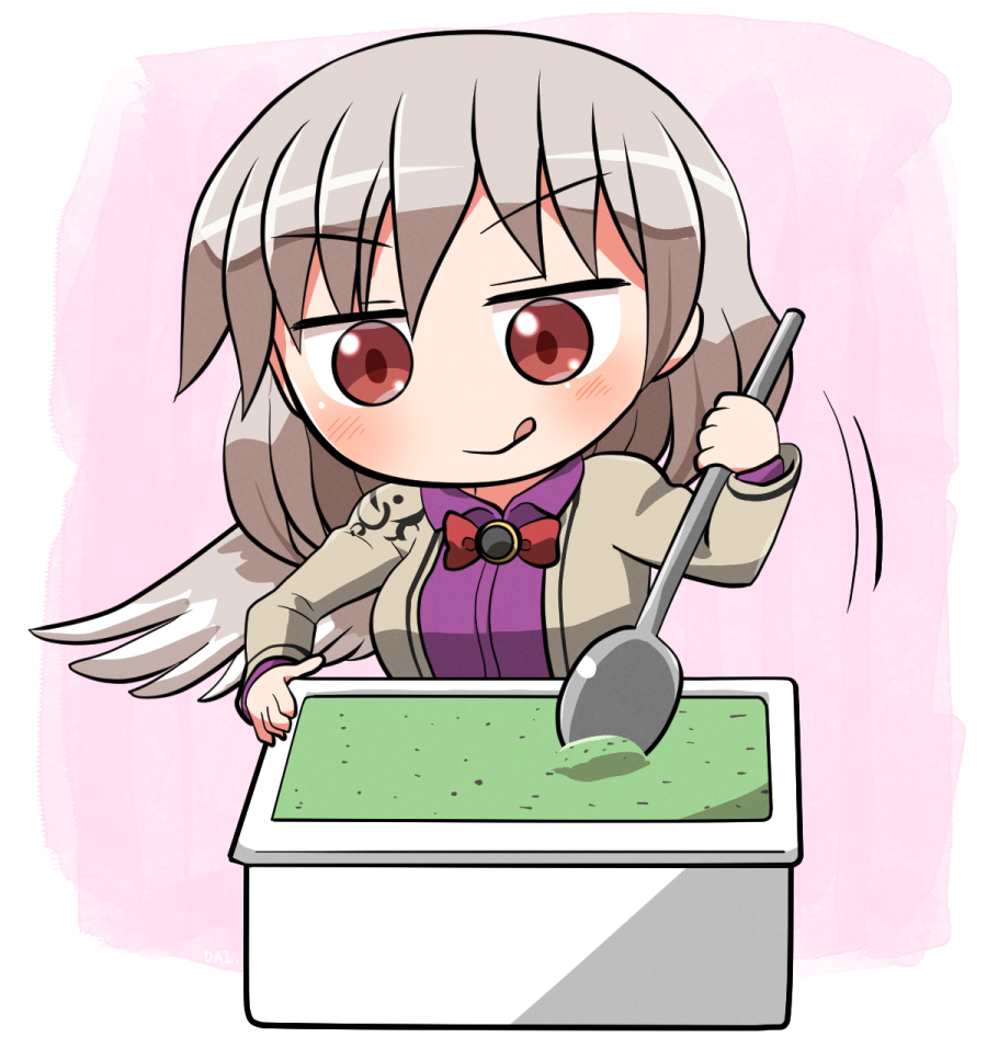 1girl blush closed_mouth dress eyebrows_visible_through_hair feathered_wings food holding holding_spoon ice_cream jacket kishin_sagume long_sleeves motion_lines open_clothes open_jacket purple_dress red_eyes rokugou_daisuke short_hair signature single_wing smile solo spoon tongue tongue_out touhou white_hair white_jacket white_wings wings