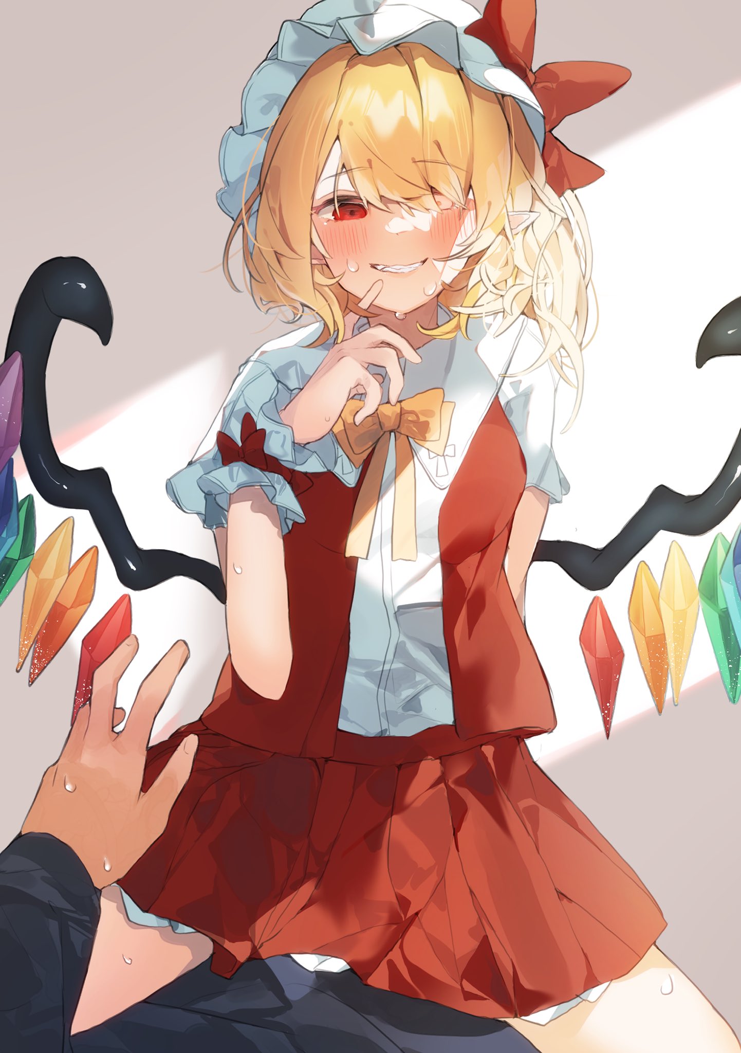 1boy 1girl arm_support arm_up bangs blonde_hair blush bow commentary_request cowgirl_position crystal eyelashes fang flandre_scarlet girl_on_top gominami grin highres miniskirt one_side_up open_mouth pleated_skirt pointy_ears rainbow_order red_eyes red_skirt red_vest shirt short_hair sidelocks skirt smile straddling sweat sweatdrop sweating_profusely teeth touhou vest white_shirt wings wrist_cuffs yellow_bow
