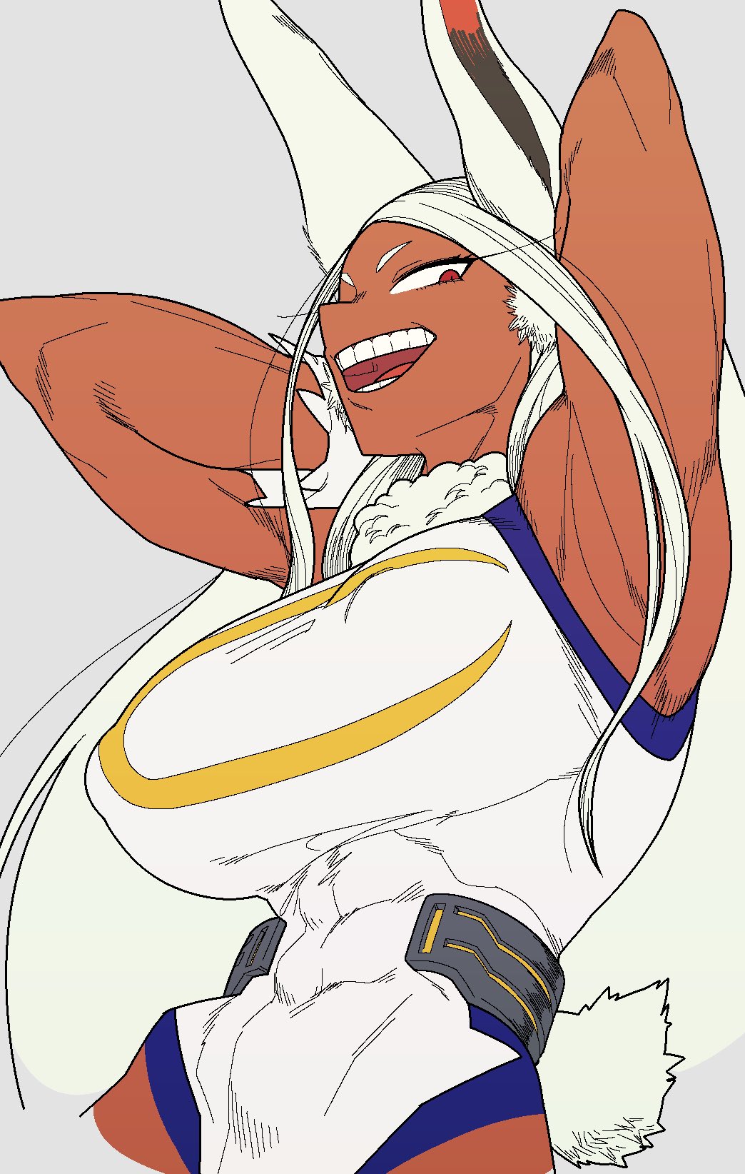 1girl abs animal_ears armpits arms_up boku_no_hero_academia covered_abs covered_nipples dark-skinned_female dark_skin eyelashes gaku_(ququlg) grey_background hatching_(texture) highres long_eyelashes long_hair mirko muscular muscular_female open_mouth rabbit_ears rabbit_tail red_eyes simple_background smile solo tail teeth tongue white_hair