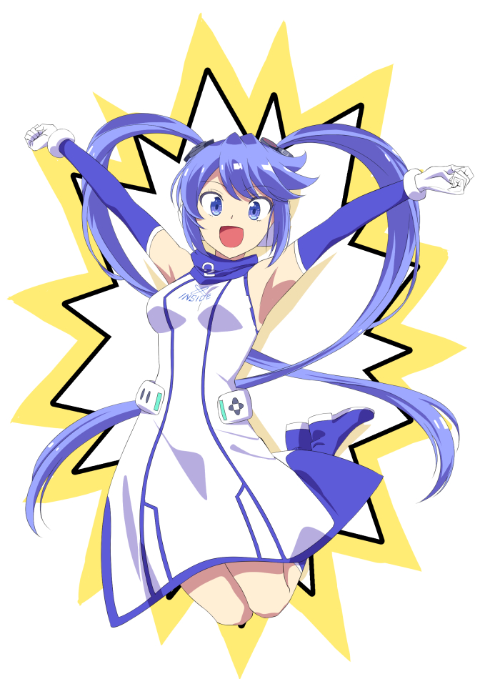 1girl :d armpits blue_eyes blue_footwear blue_hair boots breasts dress elbow_gloves gloves hands_up inside-chan_mk.ii inside-games_(media) ishii_hisao jumping long_hair looking_at_viewer medium_breasts smile solo twintails very_long_hair virtual_youtuber white_dress