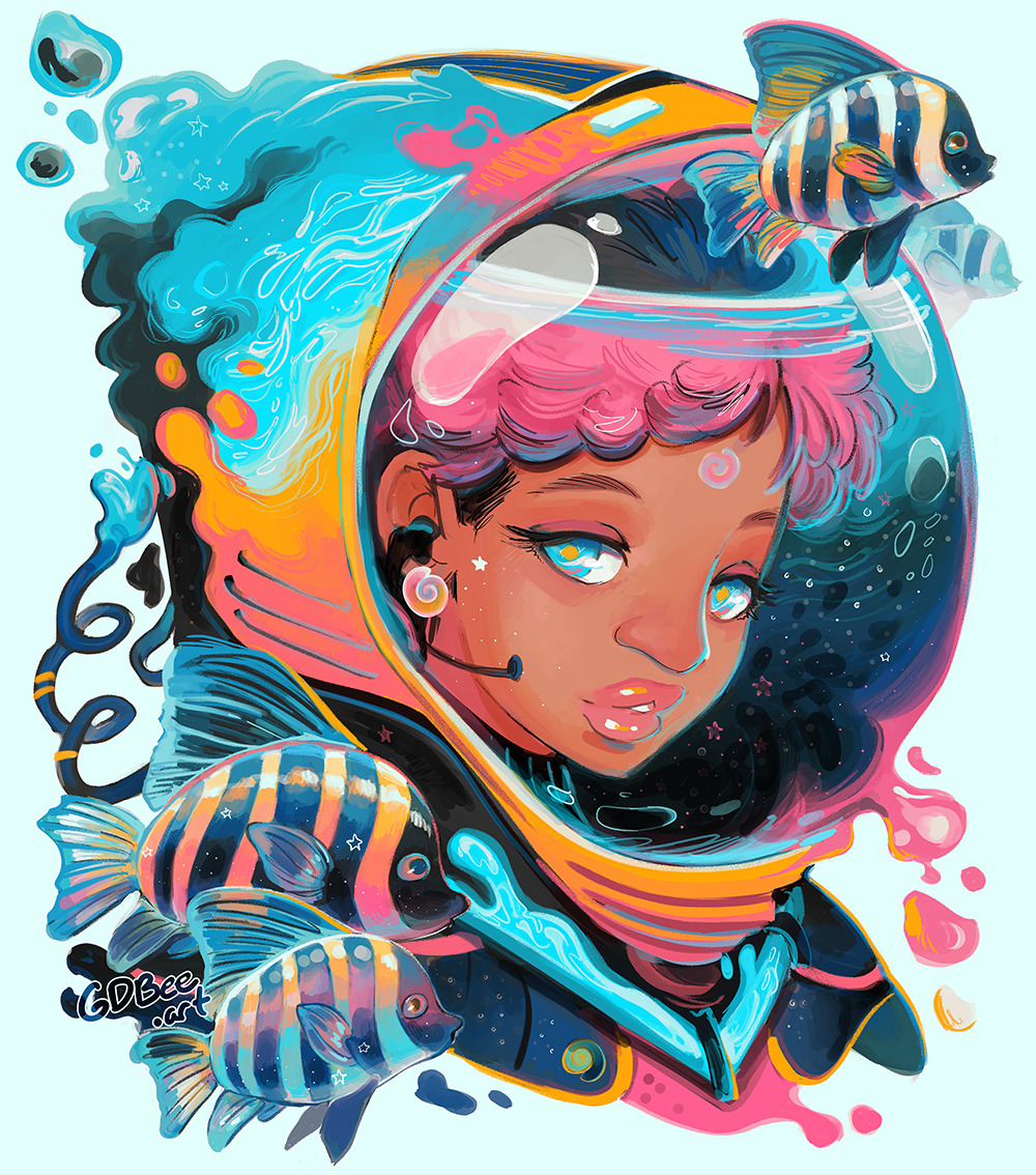 1girl animal artist_name astronaut blue_background blue_eyes bubble commentary dark-skinned_female dark_skin earpiece earrings english_commentary facial_mark fins fish geneva_bowers jewelry looking_at_viewer original parted_lips pink_hair portrait shell shell_earrings short_hair simple_background solo space_helmet spiral star_(symbol) striped tail_fin water watermark yellow_pupils