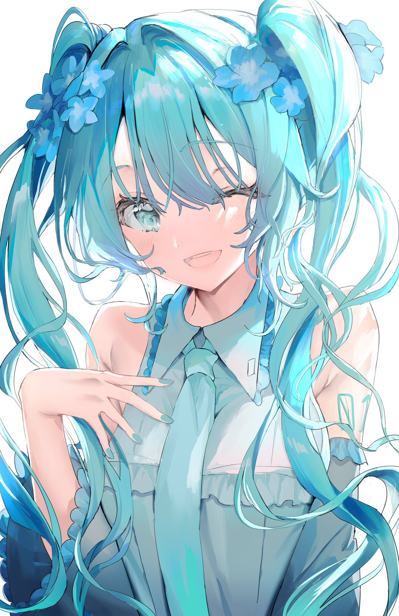 00nanona 1girl bangs bare_shoulders blush flower green_eyes green_hair hair_flower hair_ornament hatsune_miku highres long_hair looking_at_viewer open_mouth smile twintails twintails_day vocaloid white_background
