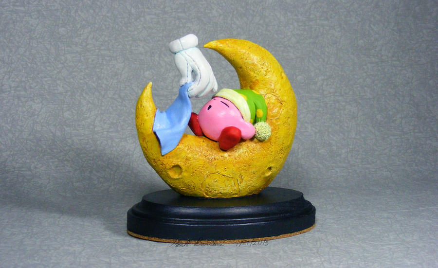 blanket blush closed_eyes colored_skin disembodied_limb game_over green_headwear kirby kirby_(series) master_hand moon open_mouth pink_skin red_footwear sculpture simple_background sleeping sleepwear sleepy thelittlesculptor wood