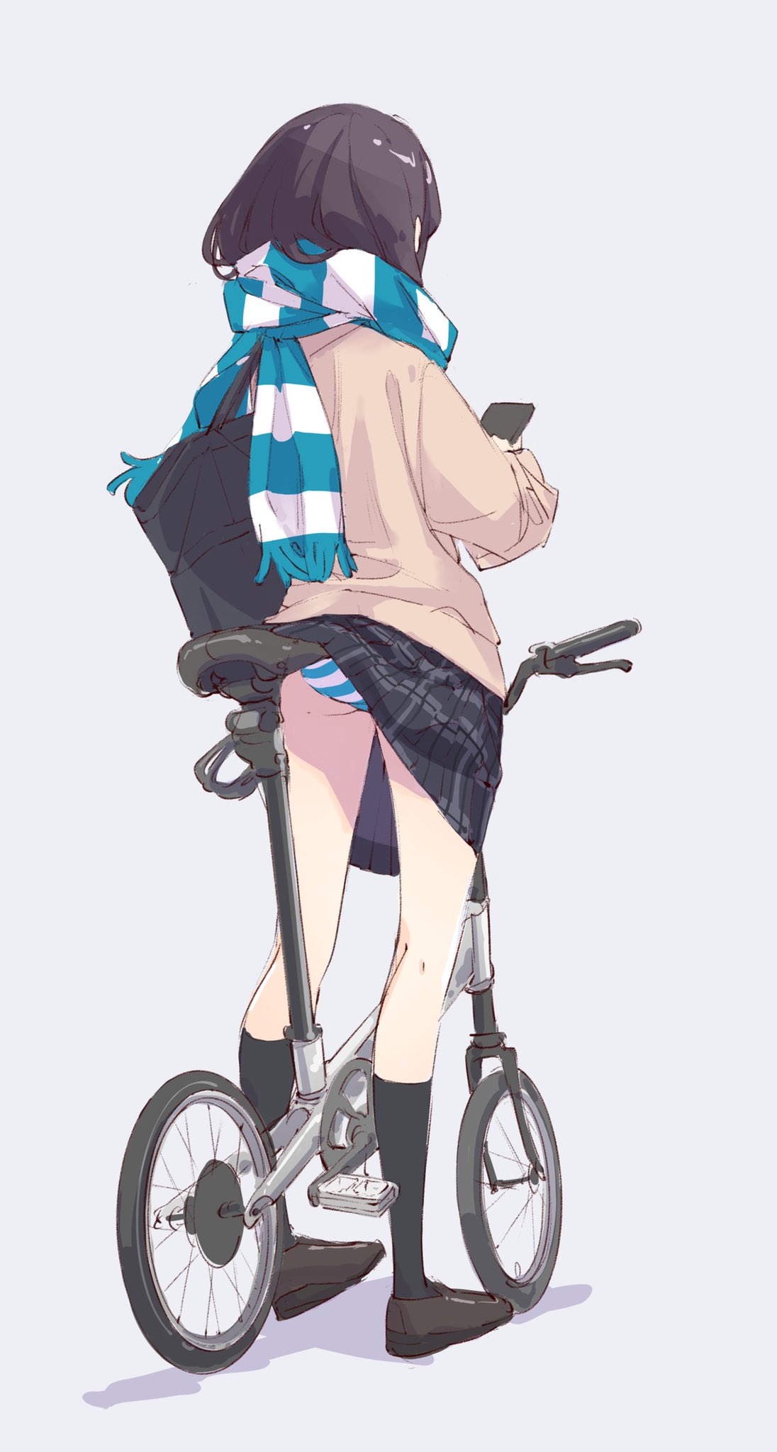 1girl accidental_exposure aqua_panties aqua_scarf ass bag bicycle black_legwear black_skirt brown_hair cellphone character_request clothes_lift commentary_request copyright_request enpera facing_away from_behind gradient gradient_background grey_background ground_vehicle highres holding holding_phone jacket kneepits loafers long_legs long_sleeves panties pantyshot phone plaid plaid_skirt pleated_skirt popman3580 scarf shoes sketch skinny skirt skirt_lift sleeves_past_wrists smartphone socks solo standing striped striped_panties striped_scarf underwear