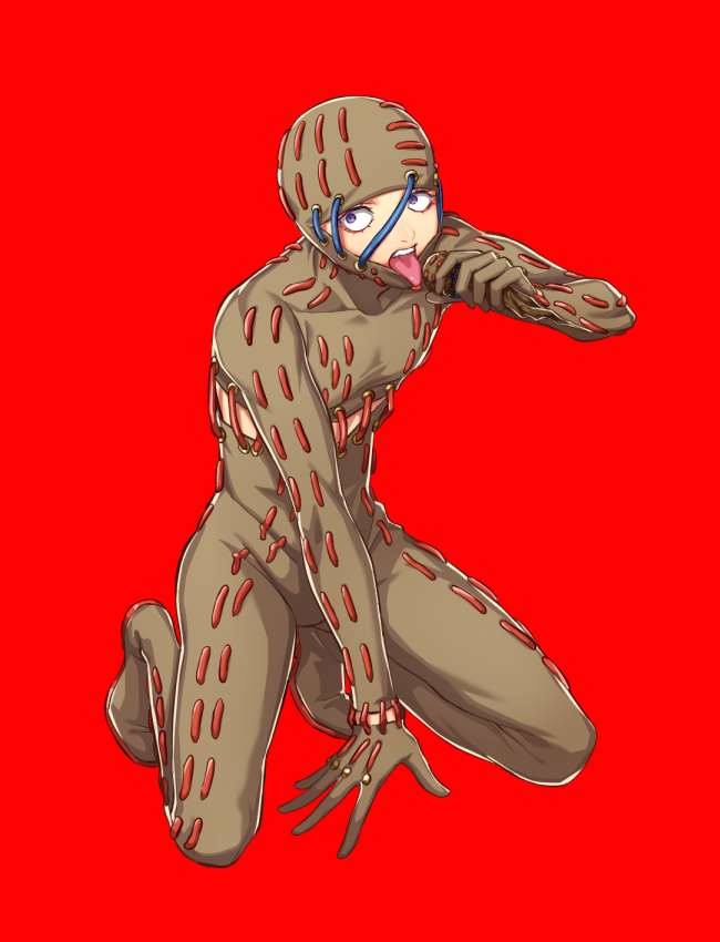 1boy full_body holding holding_microphone jojo_no_kimyou_na_bouken looking_at_viewer microphone oasis_(stand) open_mouth red_background secco shakuyouka simple_background solo tongue tongue_out vento_aureo violet_eyes