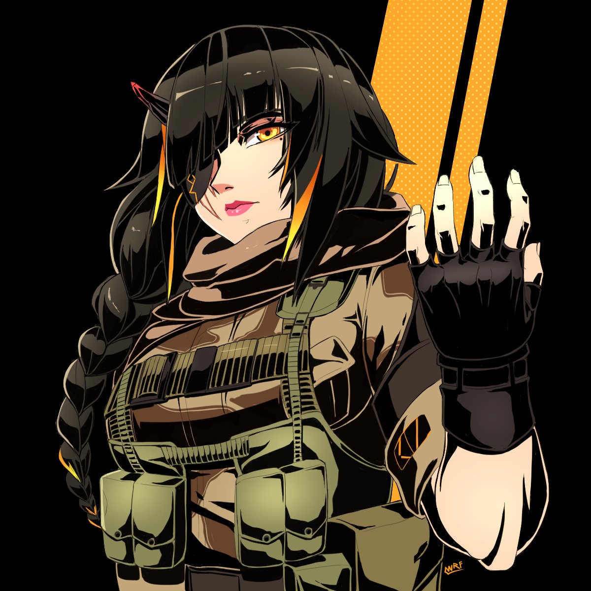 black_background braid braided_ponytail brown_hair commission cosplay crossover eyepatch fingerless_gloves girls_frontline gloves highres horns lips long_hair m16a1_(girls'_frontline) metal_gear_(series) metal_gear_solid_v military military_uniform multicolored_hair ponytail scar scar_across_eye scar_on_face simple_background single_horn streaked_hair tactical_clothes uniform venom_snake venom_snake_(cosplay) warfakaid yellow_eyes