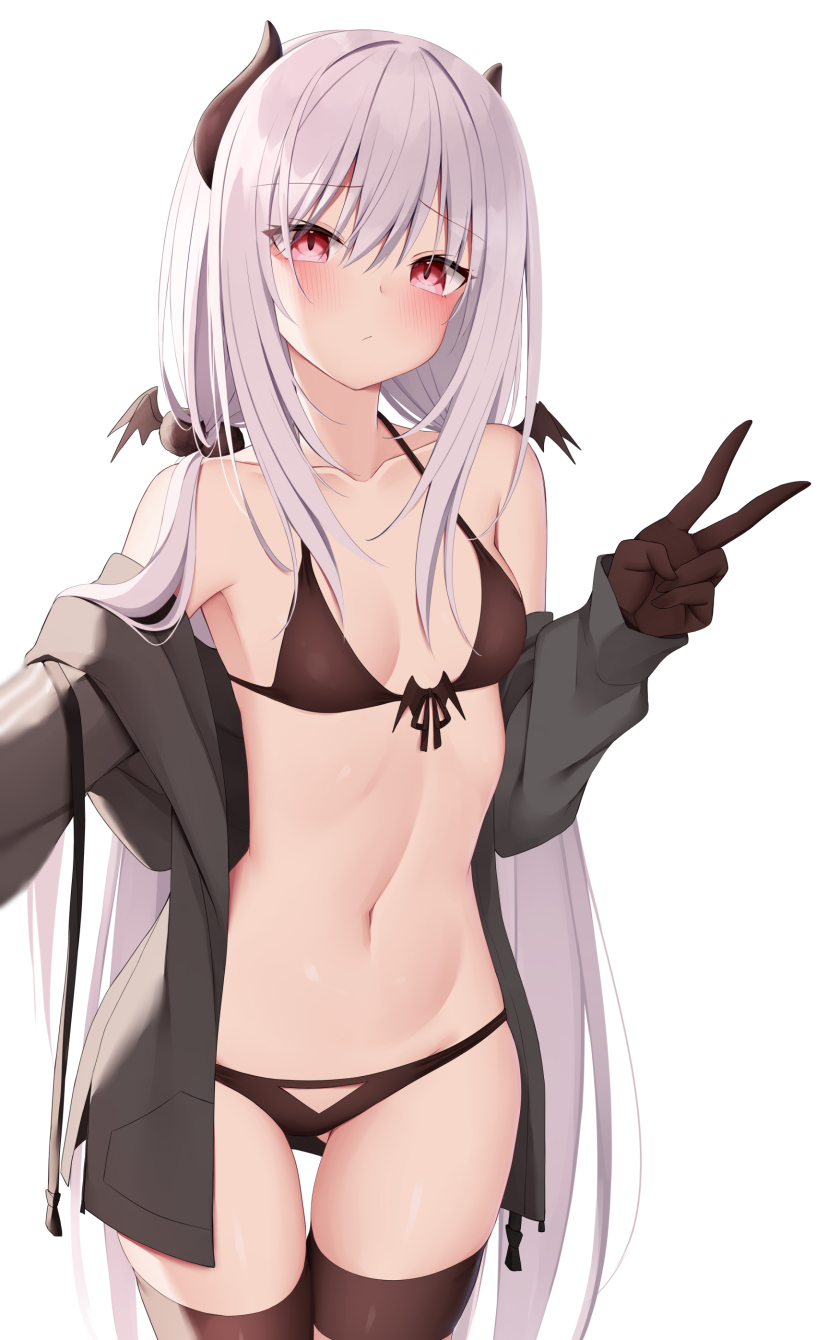 1girl :/ ass_visible_through_thighs bikini blush breasts brown_bikini brown_gloves brown_legwear closed_mouth cowboy_shot embarrassed front-tie_bikini front-tie_top gloves grey_hair grey_jacket hand_up highres horns jacket kamu_(geeenius) long_hair looking_at_viewer navel open_clothes open_jacket original pink_eyes simple_background small_breasts solo swimsuit thigh-highs thigh_gap v very_long_hair white_background