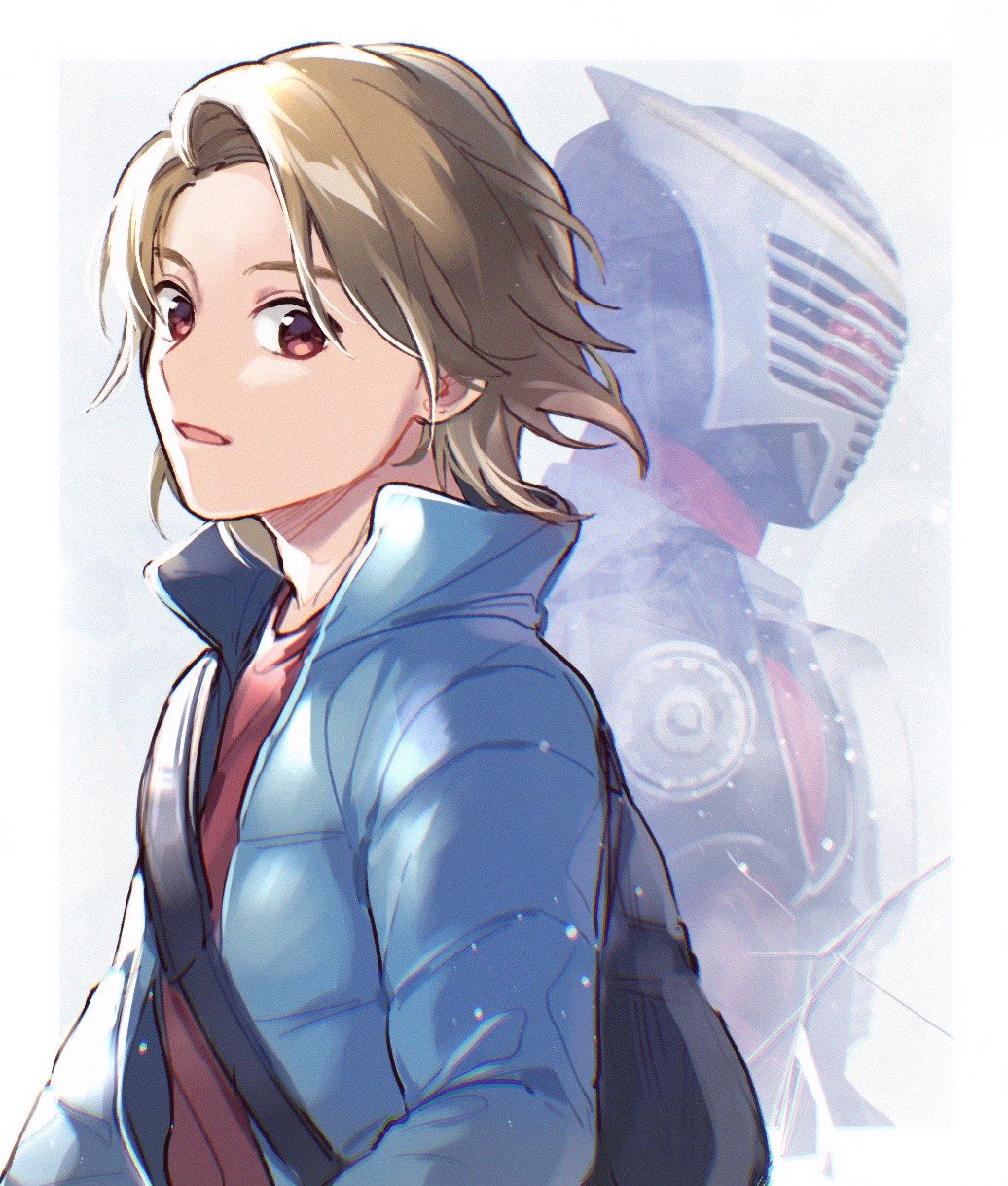 2boys anniversary backpack bag blonde_hair blue_jacket bodysuit compound_eyes dual_persona highres jacket kamen_rider kamen_rider_ryuki kamen_rider_ryuki_(series) kidou_shinji long_hair male_focus multiple_boys noky03 red_bodysuit red_eyes red_shirt shirt