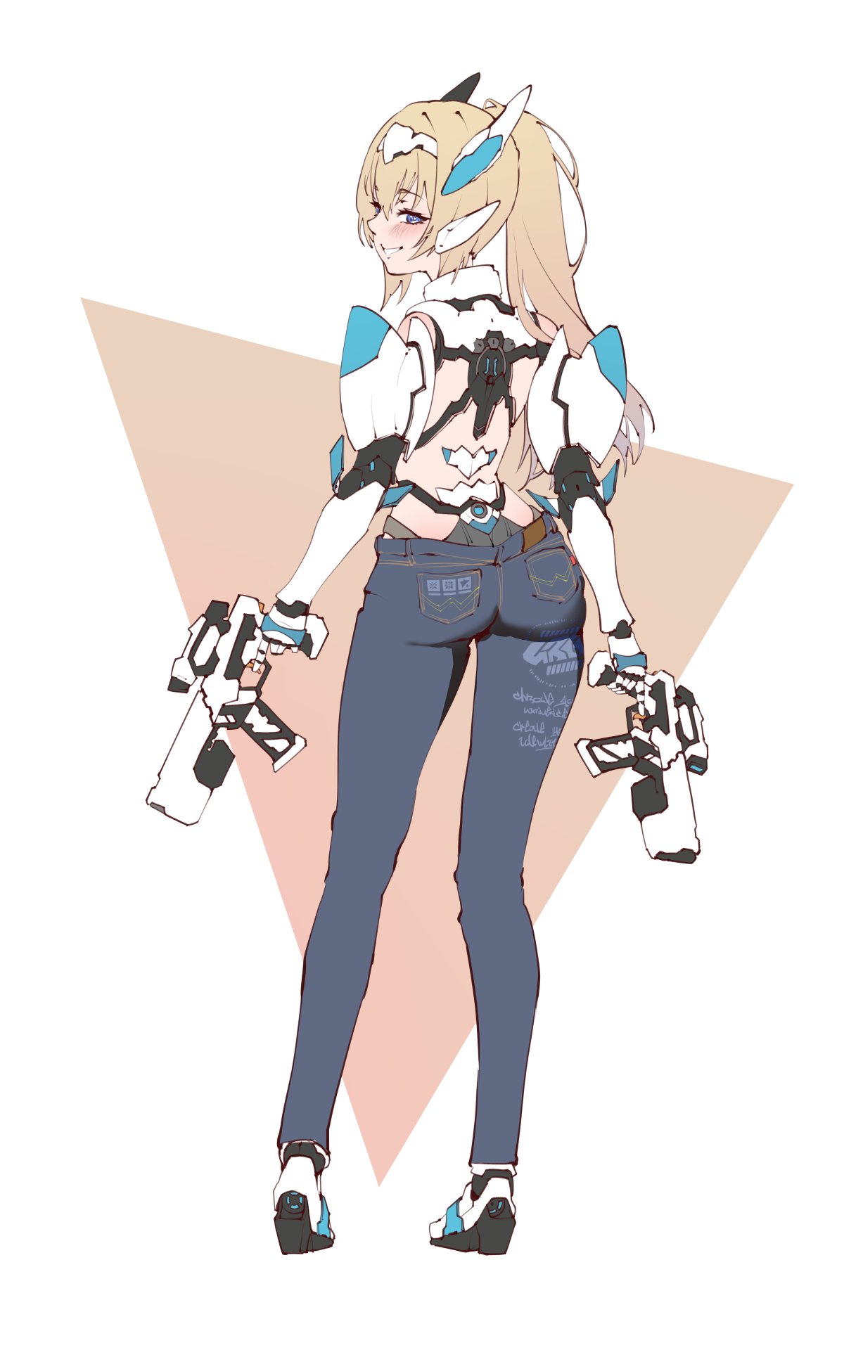 1girl alternate_hairstyle android blonde_hair blue_eyes blush denim doll_joints dual_wielding grin gun hairband headgear high_ponytail highres holding jeans joints long_hair pants patatatan phantasy_star phantasy_star_online_2 smile solo unfinished very_long_hair weapon