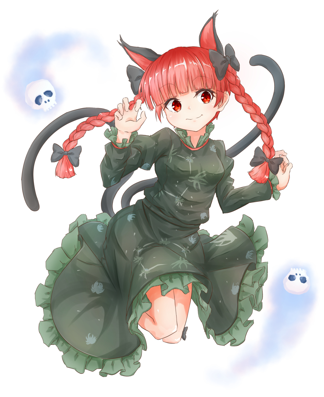 1girl animal_ears bangs black_bow blue_fire blunt_bangs bow braid breasts cat_ears claw_pose clip_studio_paint_(medium) closed_mouth dress extra_ears eyebrows_visible_through_hair fire floating_skull frills full_body green_dress hair_bow hair_ribbon hands_up highres hitodama juliet_sleeves kaenbyou_rin light_blush long_hair long_sleeves looking_at_viewer petticoat puffy_sleeves red_eyes redhead ribbon simple_background small_breasts smile solo tarumaru touhou tress_ribbon twin_braids twintails white_background