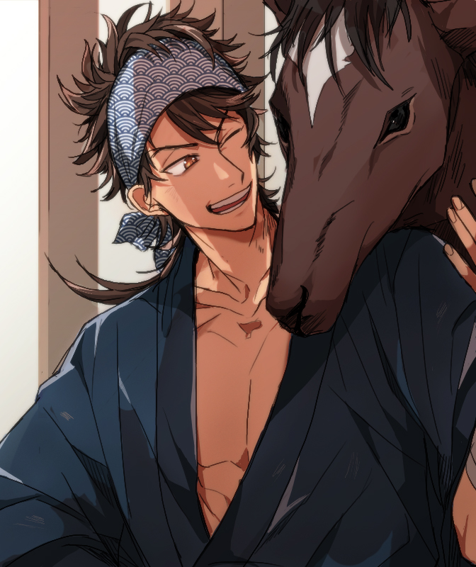 1boy 5_(femfamme) animal bandaged_arm bandages bandana brown_eyes brown_hair collarbone commentary_request hand_on_another's_head horse japanese_clothes kimono long_hair male_focus mutsu-no-kami_yoshiyuki one_eye_closed open_clothes open_mouth ponytail seigaiha smile solo touken_ranbu unmoving_pattern upper_body yukata