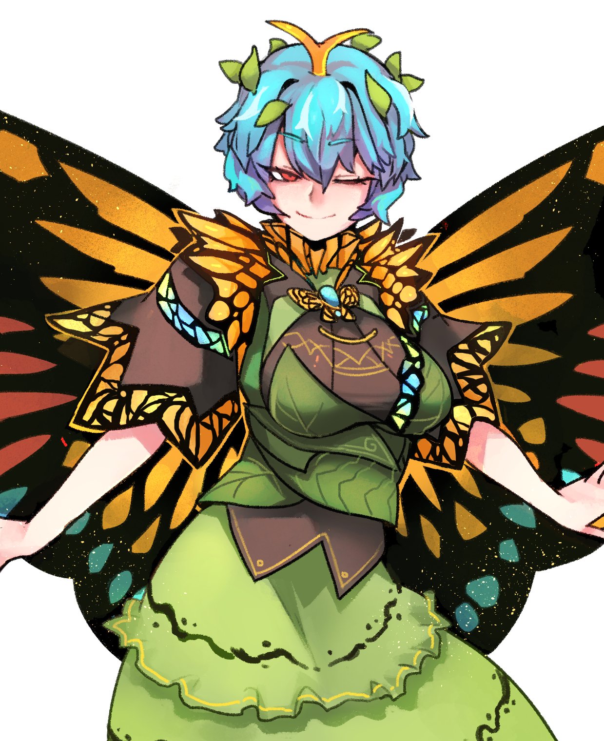 1girl ;) alternate_breast_size antennae aqua_hair bangs blush breasts brooch brown_eyes butterfly_ornament butterfly_wings contrapposto dress eternity_larva eyebrows_visible_through_hair green_dress green_skirt hair_ornament highres jewelry large_breasts leaf leaf_background leaf_hair_ornament leaf_on_head looking_at_viewer multicolored_clothes multicolored_dress nyong_nyong older one_eye_closed outstretched_arms short_hair short_sleeves simple_background skirt smile solo standing symbol-only_commentary touhou white_background wings yellow_wings