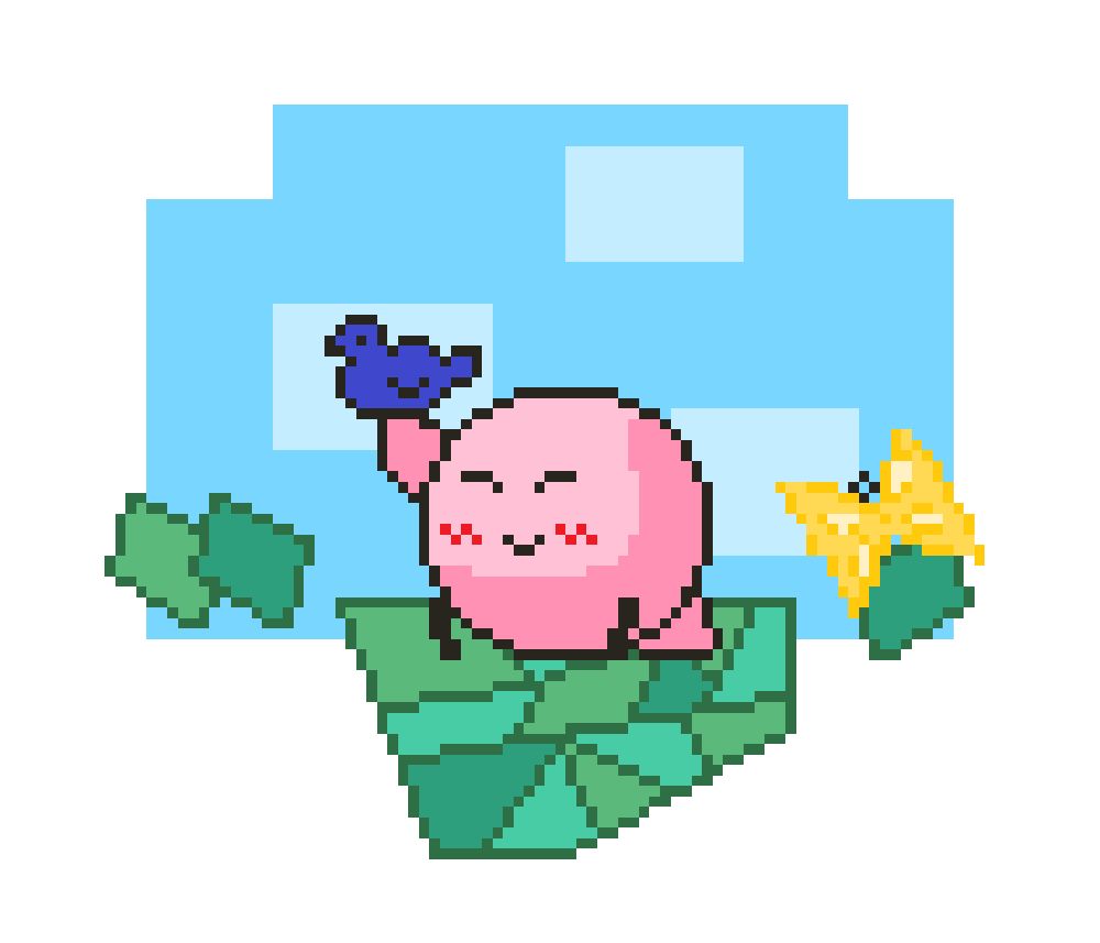 bird blush bug butterfly closed_eyes closed_mouth clouds colored_skin detached_wings grass hal_laboratory kirby kirby_(series) nintendo nyamimi pink_skin pixel_art pixelated pixels sky smile wings yellow_wings