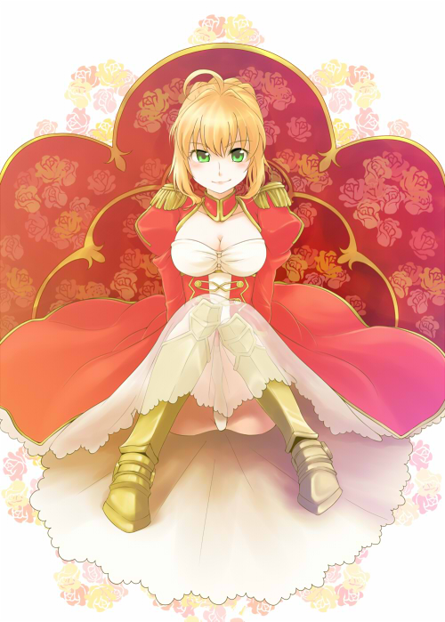 1girl ahoge blonde_hair blurry braid breasts cleavage commentary_request corset dress epaulettes fate/extra fate/grand_order fate_(series) flower french_braid green_eyes hair_flower hair_intakes hair_ornament hair_ribbon highres juliet_sleeves kouyou_akiko large_breasts long_sleeves looking_at_viewer nero_claudius_(fate) nero_claudius_(fate)_(all) ocean petals puffy_sleeves red_dress red_ribbon ribbon saber_extra see-through short_hair smile solo wide_sleeves