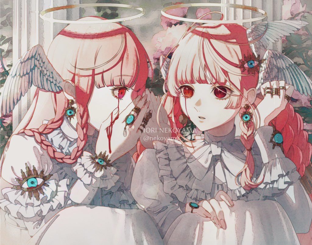 2girls ahoge angel angel_wings bangs blood blood_on_face blunt_bangs bow braid commentary covered_mouth day dress earrings eyebrows_visible_through_hair feathered_wings frilled_dress frilled_sleeves frills from_side hair_tie halo hand_on_own_knee head_wings jewelry long_hair multiple_girls neck_ribbon nekoyama_iori outdoors parted_lips pillar pink_hair red_eyes ribbon ring sidelocks sitting sunlight symbol-only_commentary twin_braids twitter_username whispering white_bow white_dress white_ribbon wings
