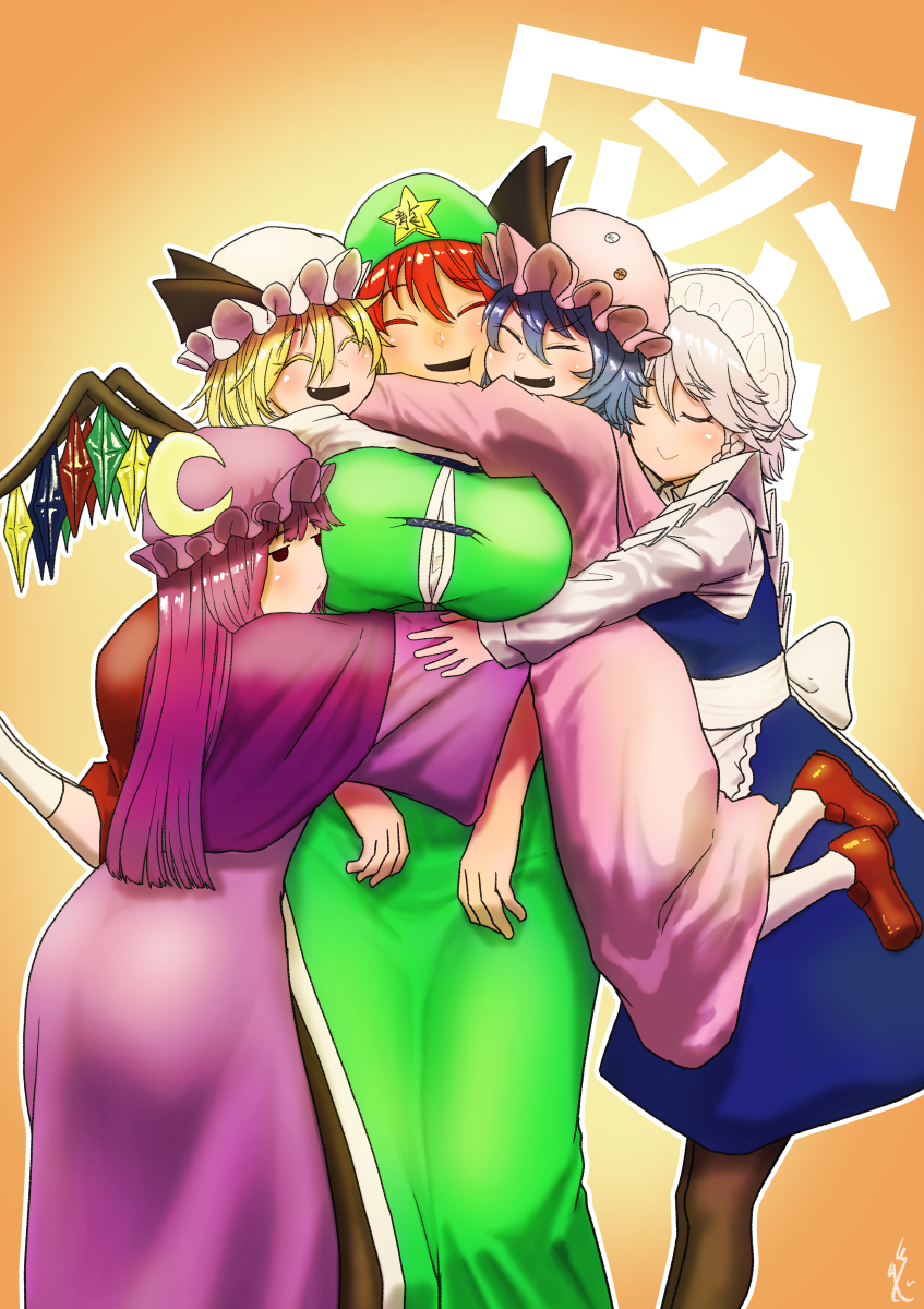 5girls blonde_hair blue_hair braid breasts closed_eyes closed_mouth commentary_request crystal dress eyebrows_visible_through_hair fang feet_out_of_frame flandre_scarlet frills glomp hat hat_ornament height_difference highres hong_meiling hug hug_from_behind huge_breasts izayoi_sakuya jitome koyubi_(littlefinger1988) long_hair long_sleeves multiple_girls open_mouth outline patchouli_knowledge purple_hair redhead remilia_scarlet shiny shiny_hair shirt short_hair side_braid silver_hair smile standing star_(symbol) star_hat_ornament touhou white_outline wings
