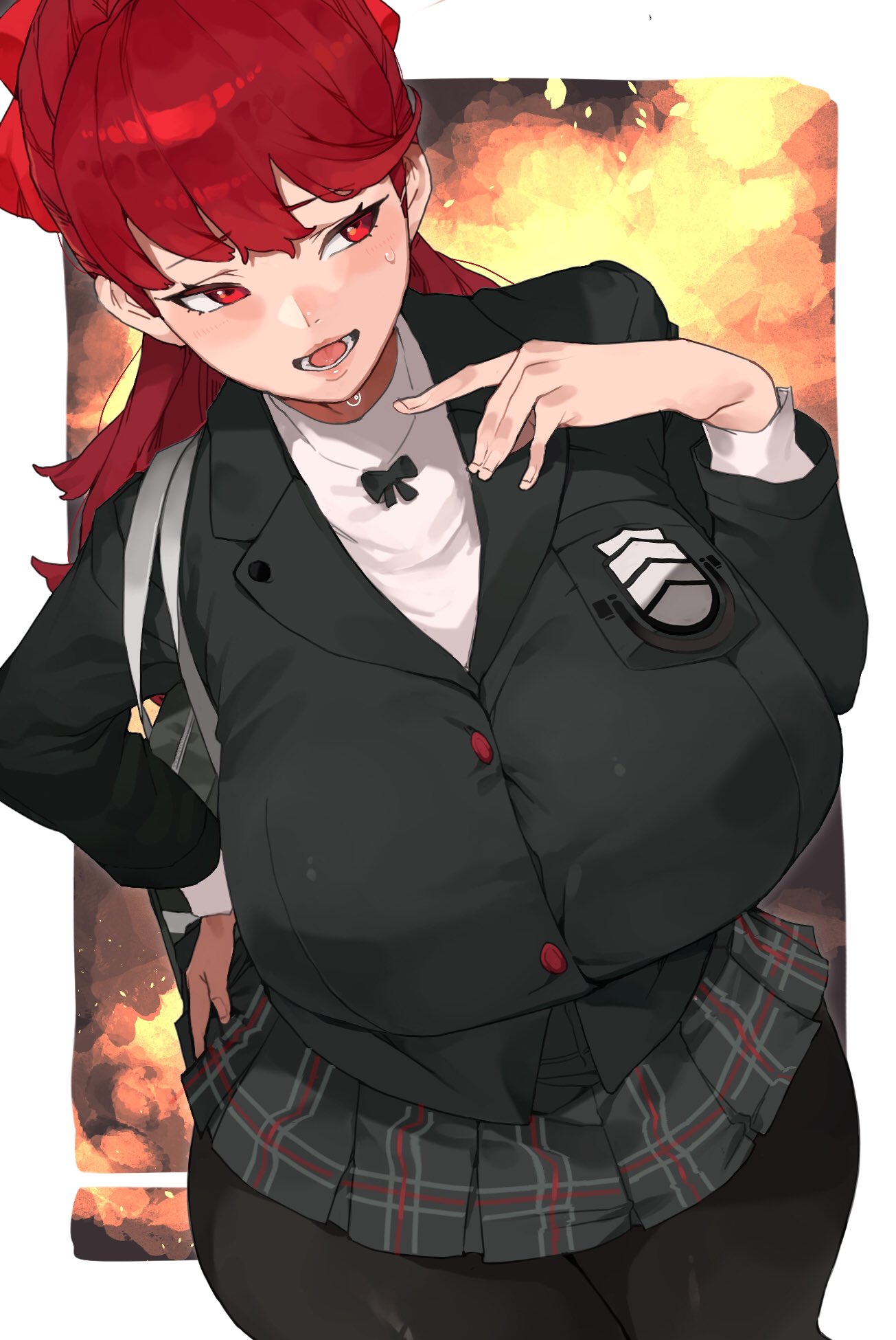 1girl alternate_breast_size bag breasts eyebrows_visible_through_hair handbag highres huge_breasts leggings long_hair looking_to_the_side makingtawawa open_mouth persona persona_5 persona_5_the_royal ponytail red_eyes redhead school_uniform shuujin_academy_uniform standing thick_thighs thighs yoshizawa_kasumi