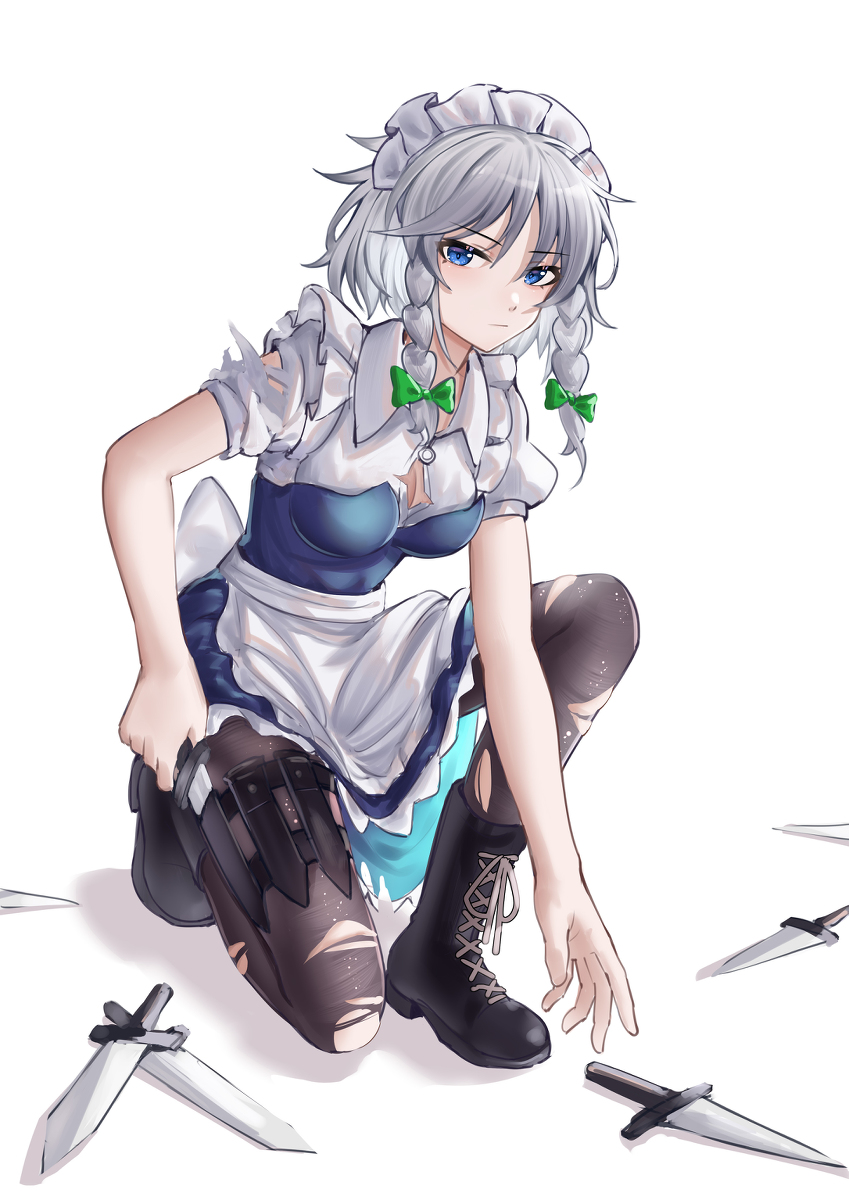 1girl :/ ailu_elf apron back_bow black_footwear black_pantyhose blue_dress blue_eyes boots bow braid breasts closed_mouth commentary_request cross-laced_footwear dress frilled_apron frilled_dress frills grey_hair highres holster izayoi_sakuya kneeling knife maid maid_apron maid_headdress medium_breasts medium_hair pantyhose puffy_short_sleeves puffy_sleeves shirt short_sleeves solo thigh_holster torn_clothes torn_pantyhose torn_shirt touhou twin_braids waist_apron waist_bow white_apron white_bow white_shirt