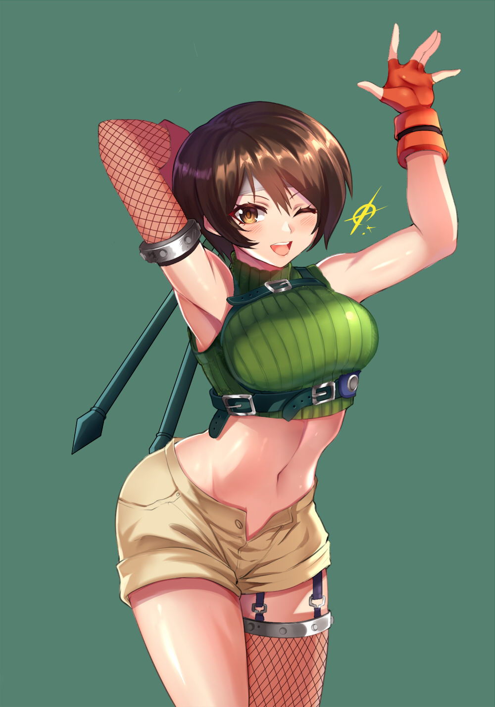 1girl arm_behind_head arms_up asymmetrical_gloves blush brown_eyes brown_hair brown_shorts cropped_sweater edboy elbow_gloves eyebrows_visible_through_hair final_fantasy final_fantasy_vii final_fantasy_vii_remake fingerless_gloves fishnet_gloves fishnet_legwear fishnets gloves green_sweater highres lips looking_at_viewer mismatched_gloves navel one_eye_closed open_mouth red_gloves ribbed_sweater short_hair shorts single_thighhigh sleeveless sleeveless_sweater smile solo sweater thigh-highs yuffie_kisaragi