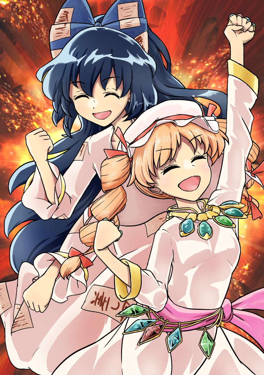 2girls :d ^_^ alternate_costume bangle blue_hair bow bracelet breasts clenched_hand closed_eyes collarbone commentary_request debt dress drill_hair eyebrows_visible_through_hair futahane_nizhao gold hair_bow happy highres jewelry light_brown_hair long_dress long_hair long_sleeves multiple_girls necklace official_alternate_costume open_mouth orange_hair pendant purple_sash ring sash siblings sisters small_breasts smile touhou touhou_gouyoku_ibun twin_drills white_dress yorigami_jo'on yorigami_shion