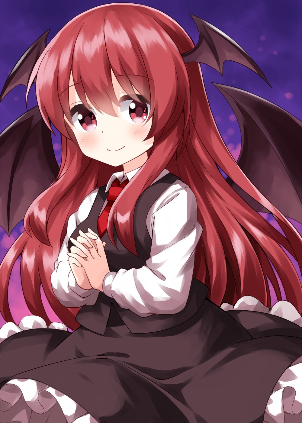 1girl bangs bat_wings black_skirt black_vest blush closed_mouth cowboy_shot eyebrows_visible_through_hair hair_between_eyes head_wings highres koakuma long_hair long_sleeves looking_at_viewer necktie own_hands_clasped own_hands_together petticoat purple_background red_eyes red_necktie red_neckwear redhead ruu_(tksymkw) shirt sidelocks simple_background skirt smile solo touhou vest white_shirt wind wing_collar wings