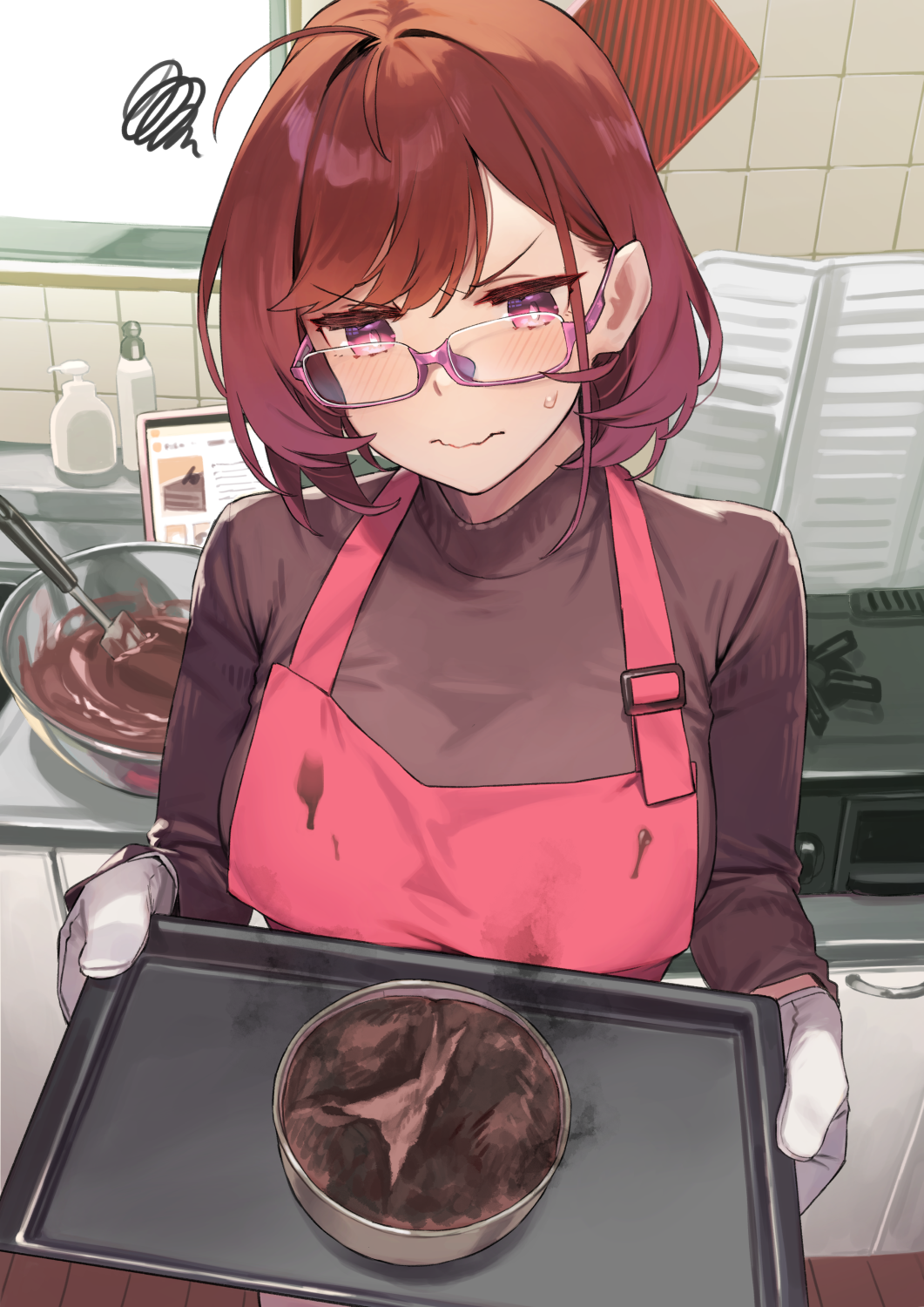 1girl 92m ahoge apron breasts brown_sweater burnt closed_mouth glasses gloves highres holding holding_tray large_breasts original pink_eyes redhead short_hair solo sweater tray turtleneck turtleneck_sweater upper_body v-shaped_eyebrows