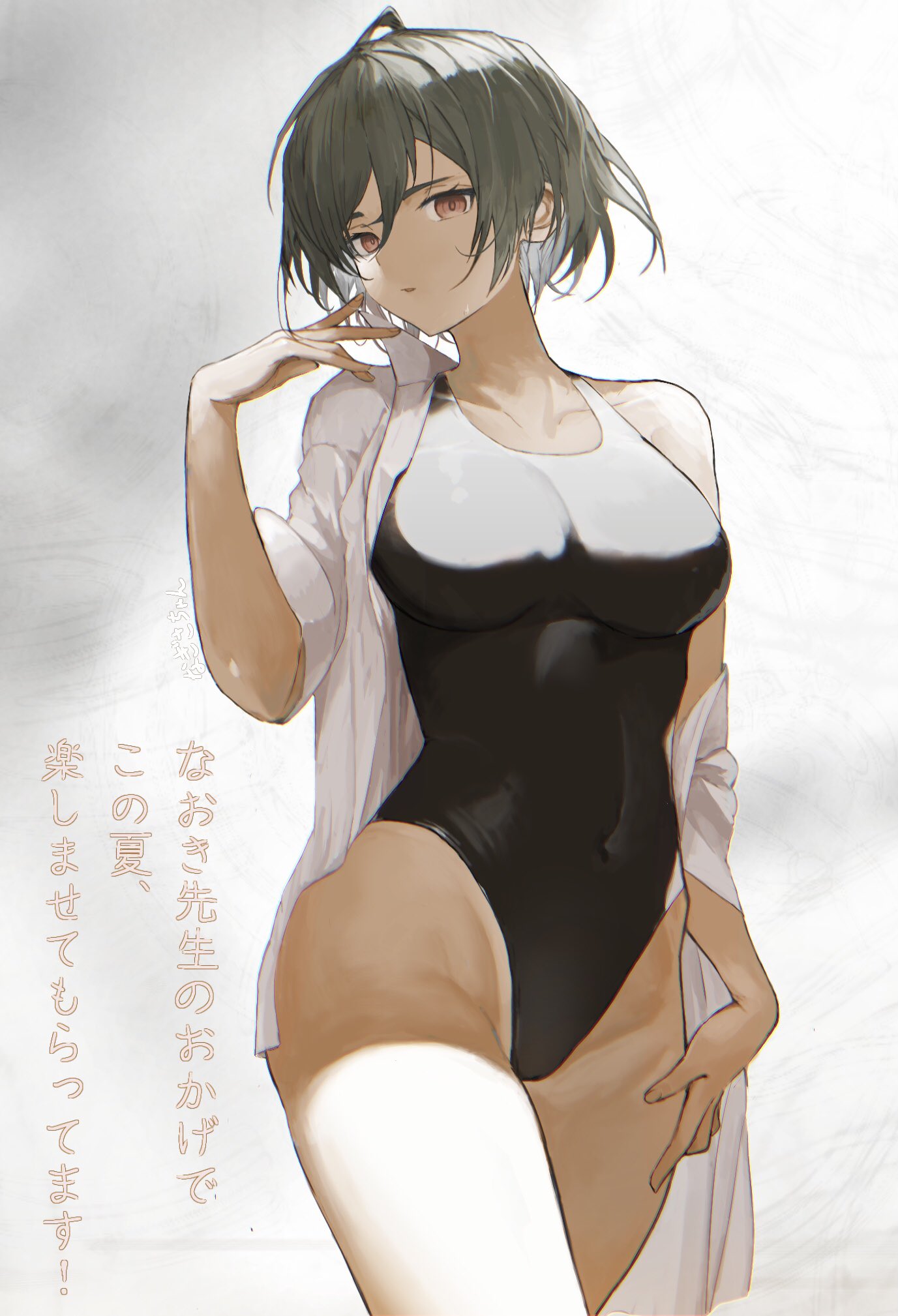 1girl ahoge anths black_swimsuit borrowed_character breasts commentary competition_swimsuit covered_navel grey_hair hair_between_eyes highleg highleg_swimsuit highres k-chan_(saitou_naoki) large_breasts looking_at_viewer off_shoulder one-piece_swimsuit open_clothes open_shirt original parted_lips red_eyes shirt short_hair skin_tight solo standing sweatdrop swimsuit thighs white_shirt