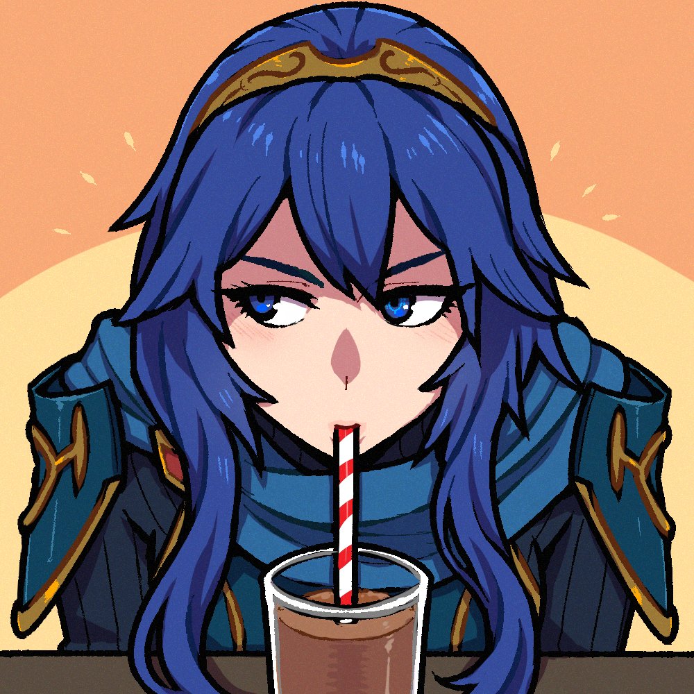 1girl akairiot armor bangs blue_eyes blue_hair chocolate_milk drinking drinking_straw drinking_straw_in_mouth fire_emblem fire_emblem_awakening glass long_hair looking_to_the_side lucina_(fire_emblem) milk shoulder_armor simple_background solo symbol-shaped_pupils symbol_in_eye tiara
