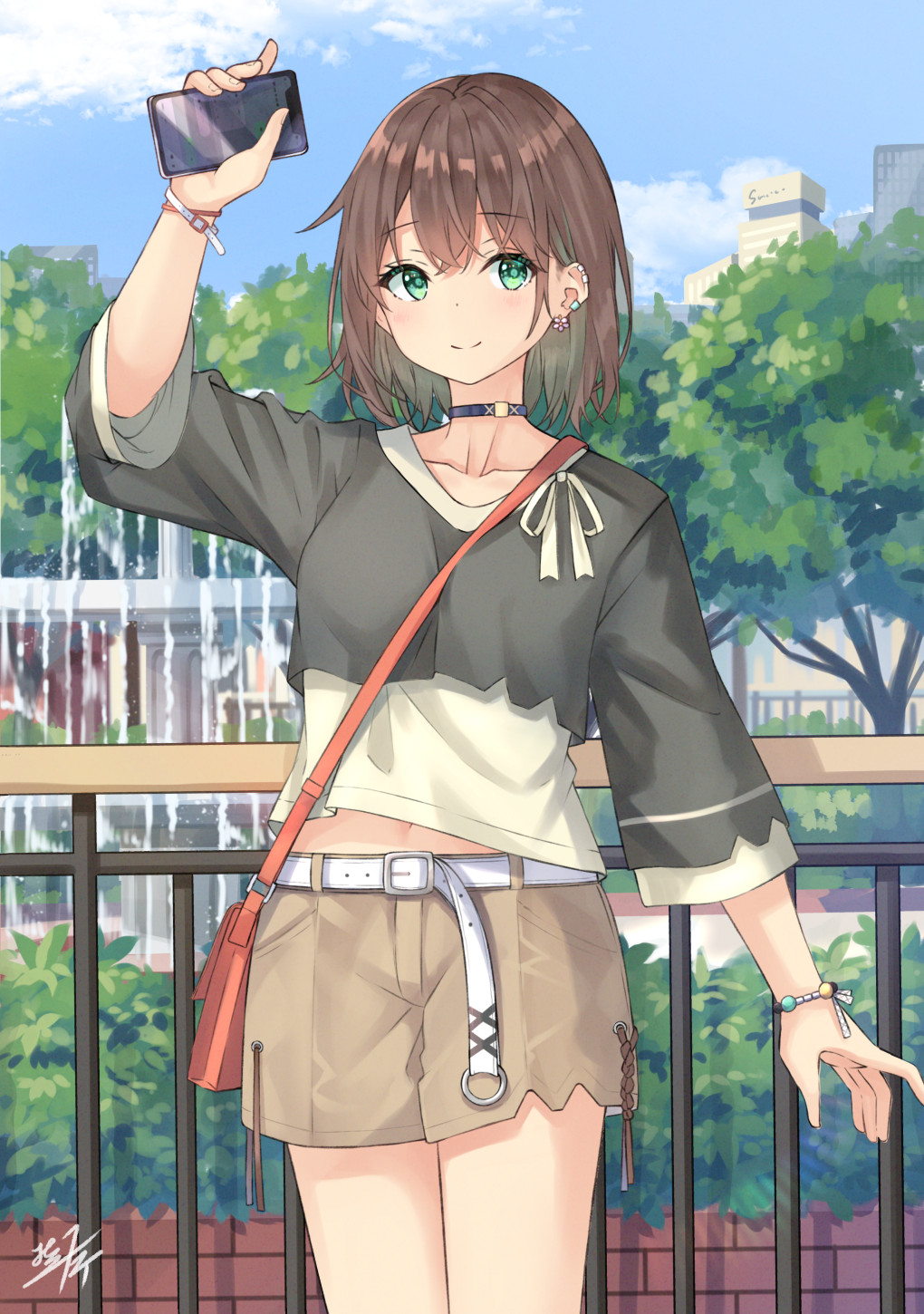 1girl arm_up bag bangs belt belt_buckle black_choker black_shirt blue_sky brown_hair brown_shorts buckle building cellphone choker closed_mouth collarbone commentary_request day ear_piercing earrings eyebrows_visible_through_hair fountain green_eyes hair_between_eyes highres holding holding_phone jewelry long_sleeves looking_at_viewer miko_fly original outdoors phone piercing railing shirt short_shorts shorts shoulder_bag sky skyscraper smile solo tree water white_belt
