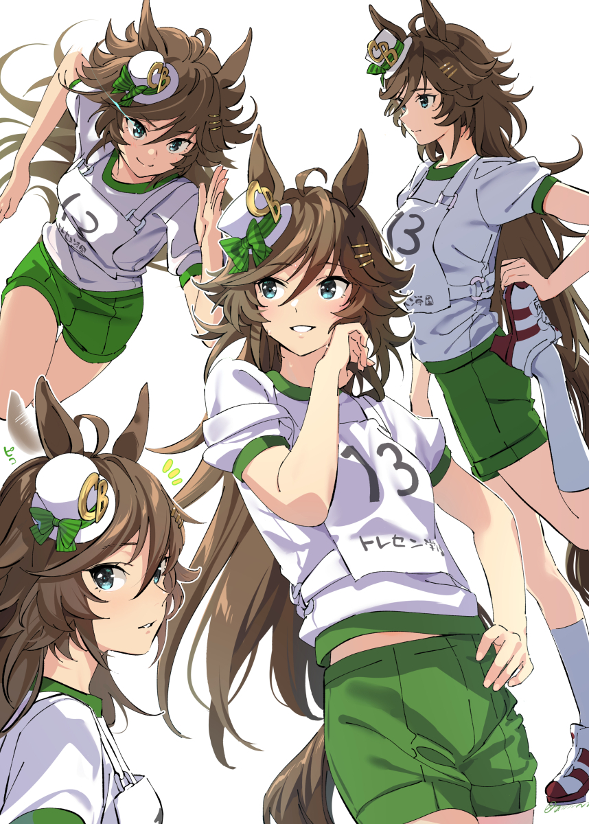 1girl afterimage ahoge animal_ears bangs brown_hair closed_mouth ear_twitch eye_trail green_eyes green_shorts hair_ornament hairclip hand_on_hip hat highres horse_ears horse_girl horse_tail kneehighs long_hair looking_to_the_side mini_hat mini_top_hat misu_kasumi mr._c.b._(umamusume) multiple_views notice_lines open_mouth race_bib shirt shoes shorts simple_background smile sneakers stretch sweat tail teeth top_hat umamusume white_background white_legwear white_shirt