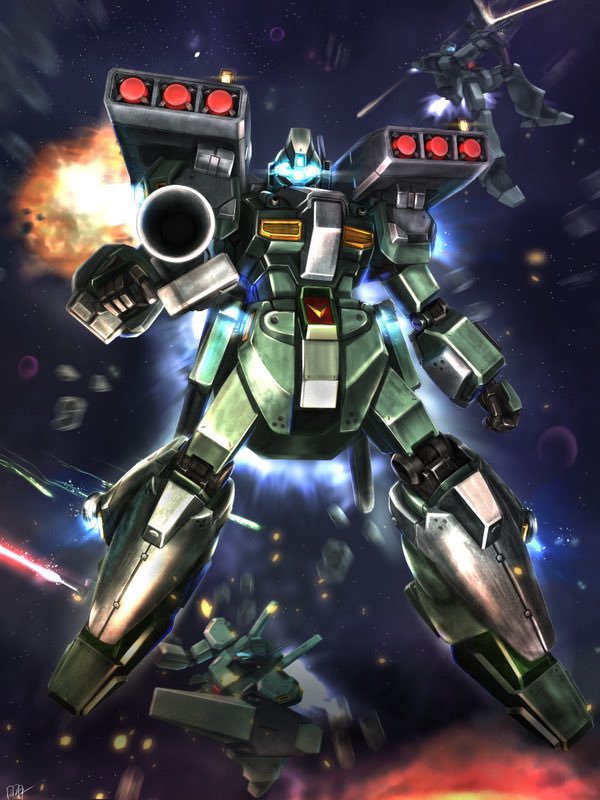 asteroid clenched_hand explosion firing glowing gun gundam gundam_unicorn hiwa_industry holding holding_gun holding_weapon mecha missile_pod mobile_suit no_humans solo_focus space stark_jegan visor weapon