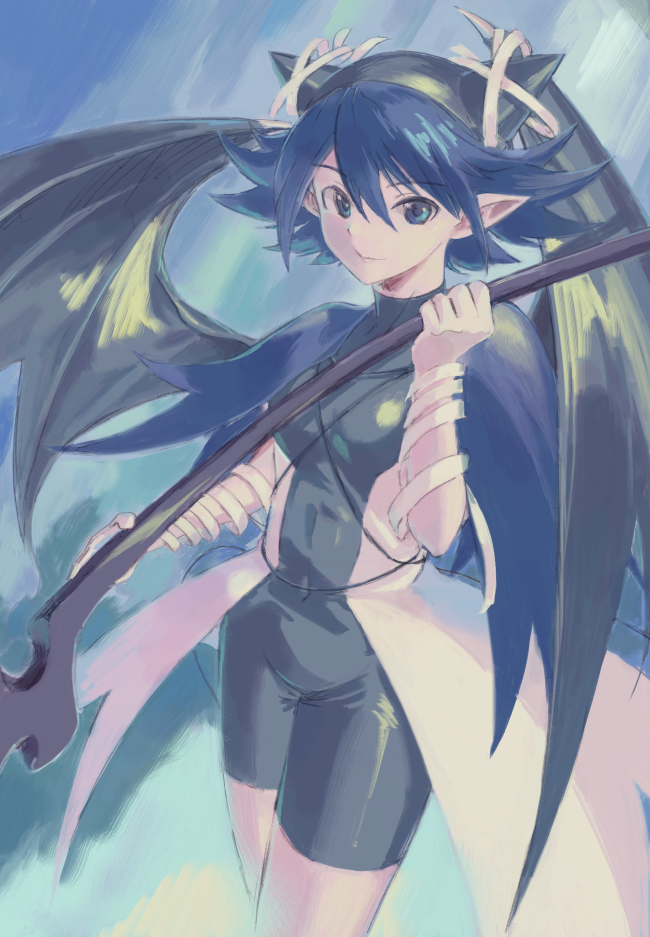 1girl bat_wings black_wings blue_capelet blue_eyes capelet closed_mouth covered_navel dark_blue_hair eyebrows_visible_through_hair flipped_hair holding looking_at_viewer overskirt pointy_ears riviera serene_(riviera) short_hair smile solo turtleneck unitard vaison wings